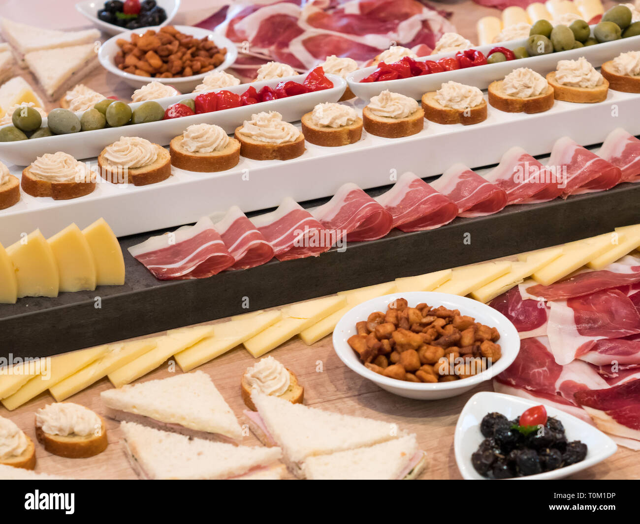 Banket Gourmet tabella con molti ingredienti sfiziosi pronto per mangiare Foto Stock