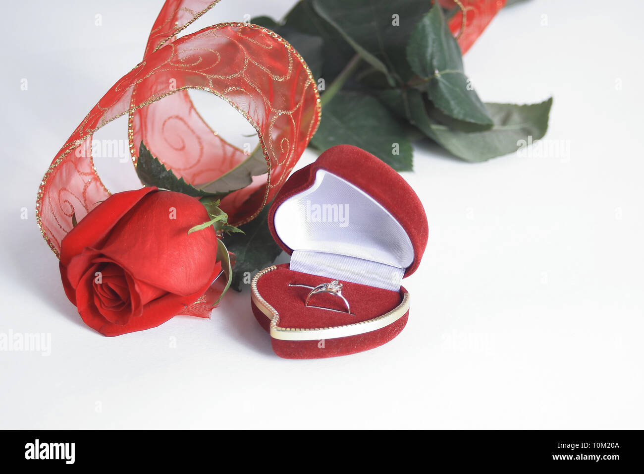 Gli anelli di nozze ed una rosa rossa su sfondo bianco.foto con spazio di copia Foto Stock