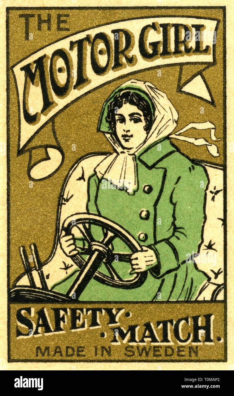 Pubblicità, domestico, il motore Girl, sicurezza corrispondono, matchbox, etichetta decorativa, Svezia, circa 1907, Additional-Rights-Clearance-Info-Not-Available Foto Stock