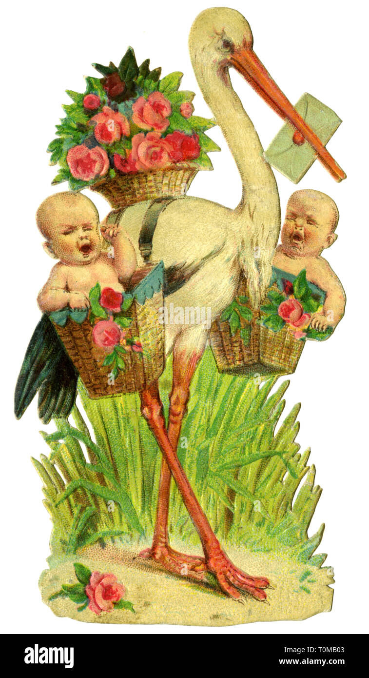 Il kitsch/schede/souvenir, Stork portando due neonati, litografia, Germania, circa 1890, Additional-Rights-Clearance-Info-Not-Available Foto Stock