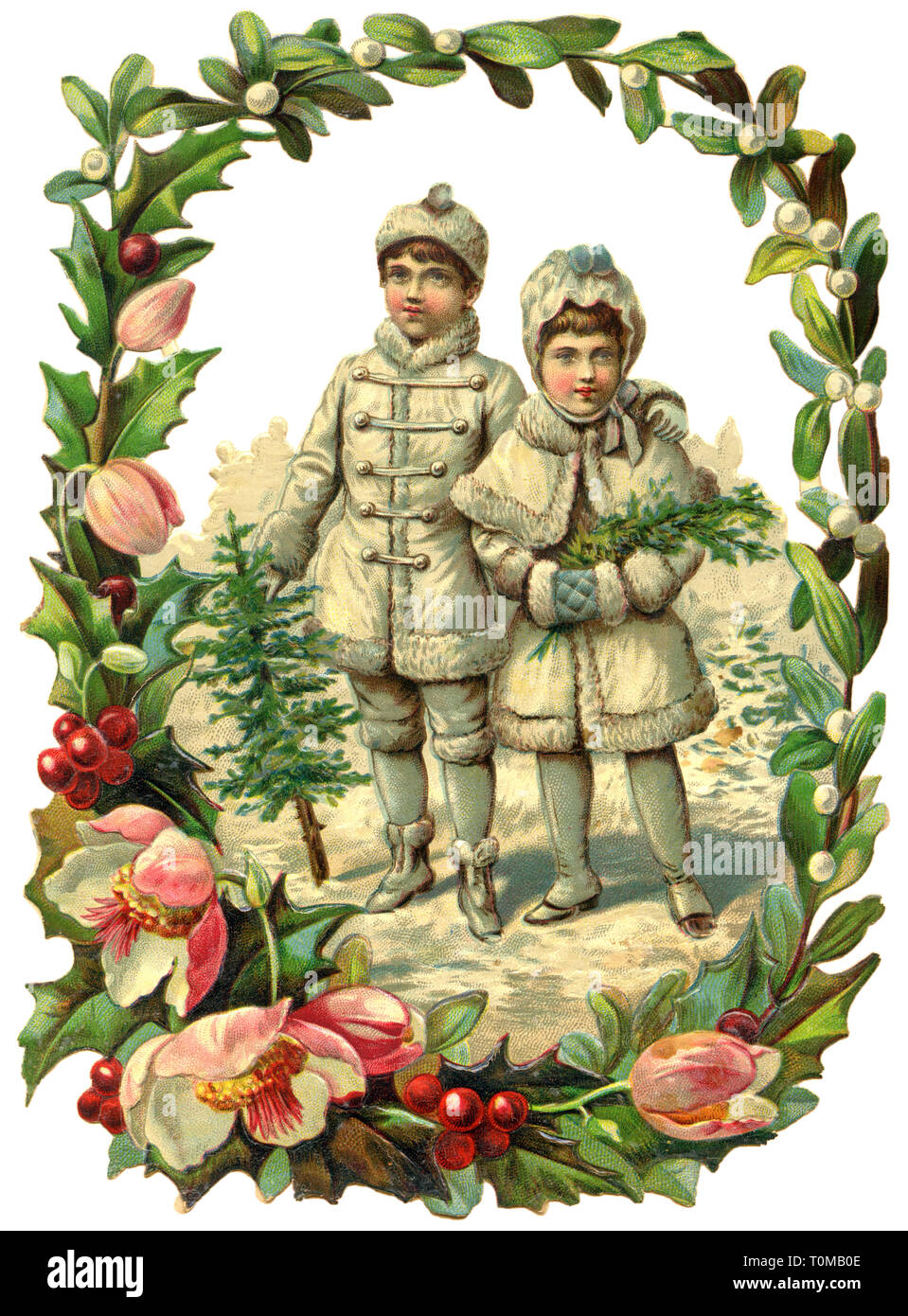 Il kitsch, giovane durante la passeggiata in inverno, simbolo immagine, litografia, Germania, circa 1890, Additional-Rights-Clearance-Info-Not-Available Foto Stock