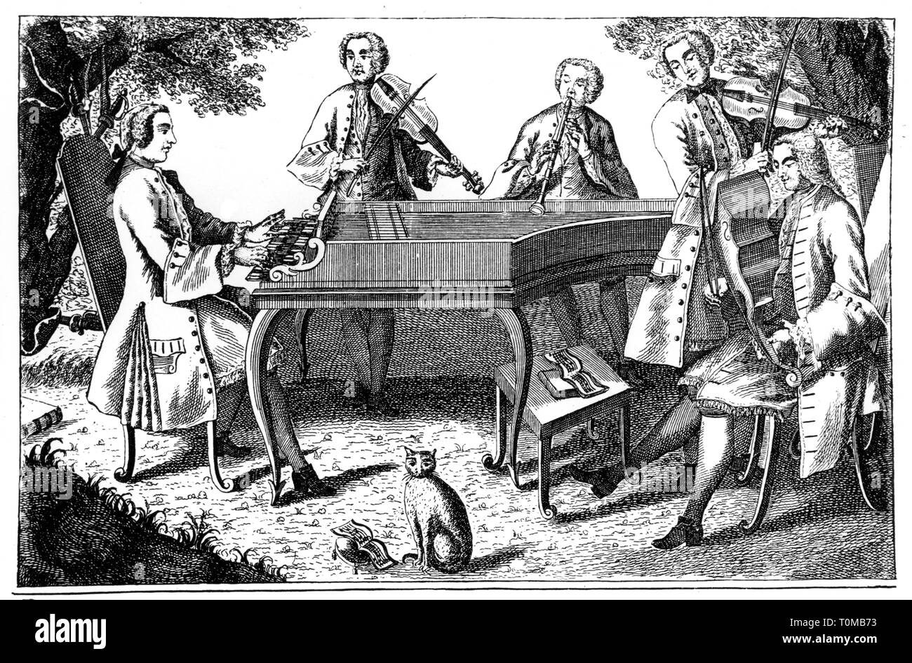Musica, concerto, concerto italiano dei compositori Domenico Scarlatti, Giuseppe Tartini, Giovanni Battista Martini, Pietro Locatelli e Salvatore Lanzetti, incisione su rame, XVIII secolo, musicista, musicisti, orchestra, orchestre, ensemble, ensemble, strumento musicale, strumento, strumenti musicali, strumenti, fare musica, riprodurre musica, fare musica, riproduzione di musica, rende la musica, riproduce musica, fatto di musica, musica suonata, giocare, riprodurre, pianoforte, pianoforte, violoncello, violoncello, violoncellos, celli, violino, violini, animali, animale, cat, gatti, barocco, Ital, Additional-Rights-Clearance-Info-Not-Available Foto Stock