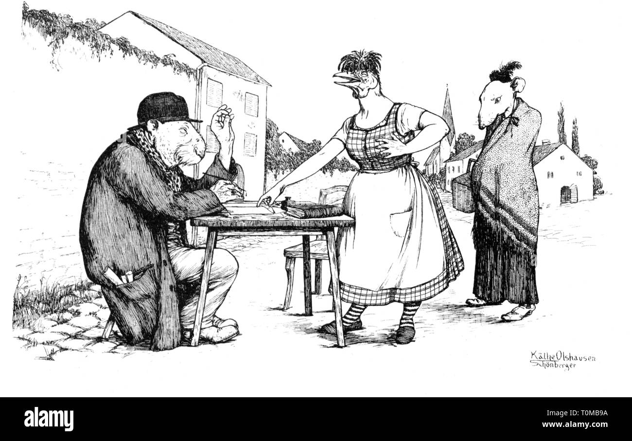 La caricatura, 'Der Liebesbriefschreiber' (lo scrittore di lettere d'Amore), disegno di Kate Olshausen-Schönberger (1881 - 1968), fuori: "Fliegende Blätter', Monaco, 1906, artista del diritto d'autore non deve essere cancellata Foto Stock