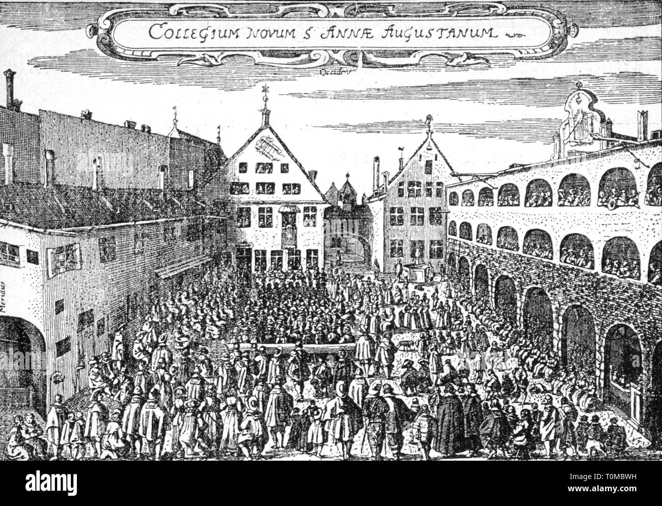 Guerra dei trenta anni 1618 - 1648, intervento svedese 1630 - 1635, chiesa protestante in servizio nel consiglio di Sant'Anna, Augsburg 1635, contemporanea incisione su rame, riconquista dalle truppe imperiali, guerra religiosa, le guerre religiose, religione Religioni, cristianesimo, protestanti, protestante, Protestantesimo, Anna-Kolleg, Città Imperiale, la folla folla folla di gente del Sacro Romano Impero, Baviera, Germania, secolo XVII, guerra, guerre, protestante evangelica di chiesa, service, servizio divino, consiglio, consigli, storica, storica, artista del diritto d'autore non deve essere cancellata Foto Stock