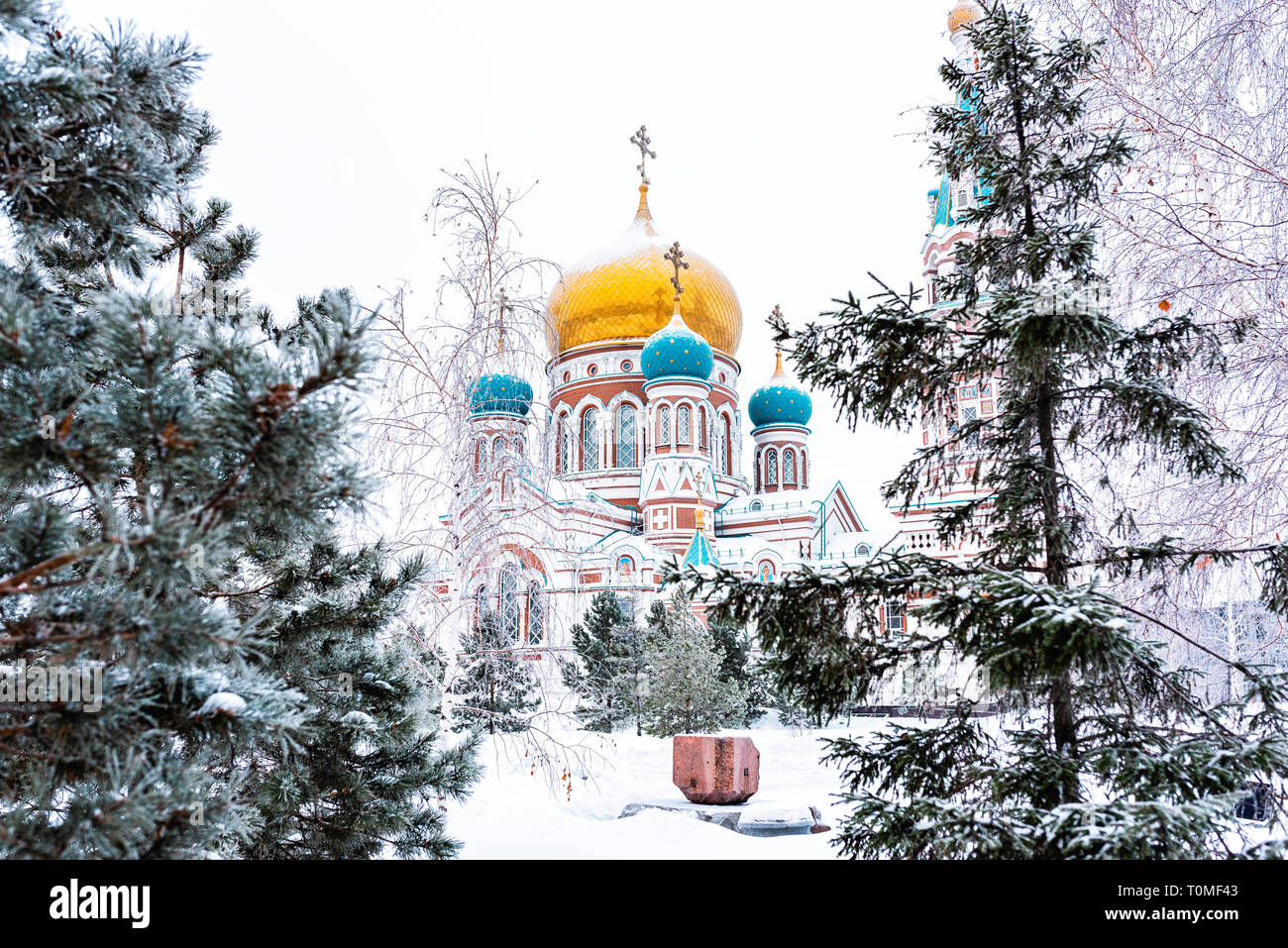 Cattedrale dell Assunzione in inverno, Omsk, Siberia, Russia Foto Stock