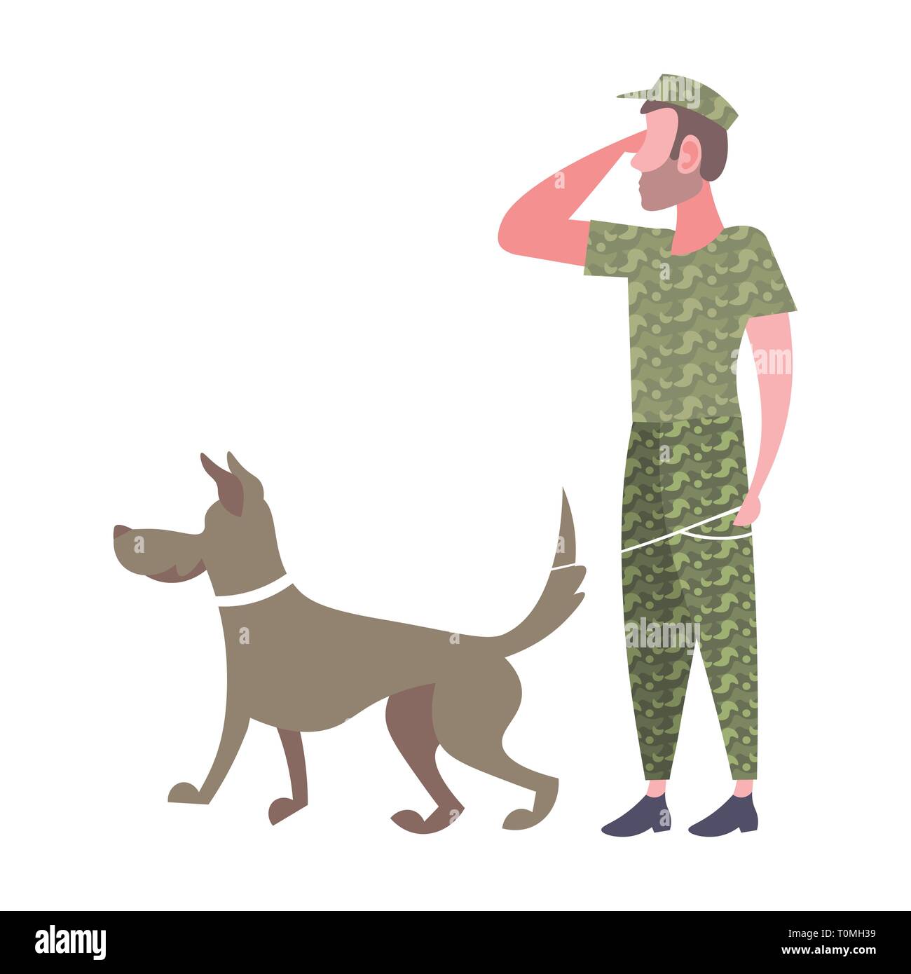 Uomo militare in piedi con cane soldato dell'esercito in uniforme di mimetizzazione salutando gesto maschio personaggio dei cartoni animati a lunghezza piena isolati piatta Illustrazione Vettoriale