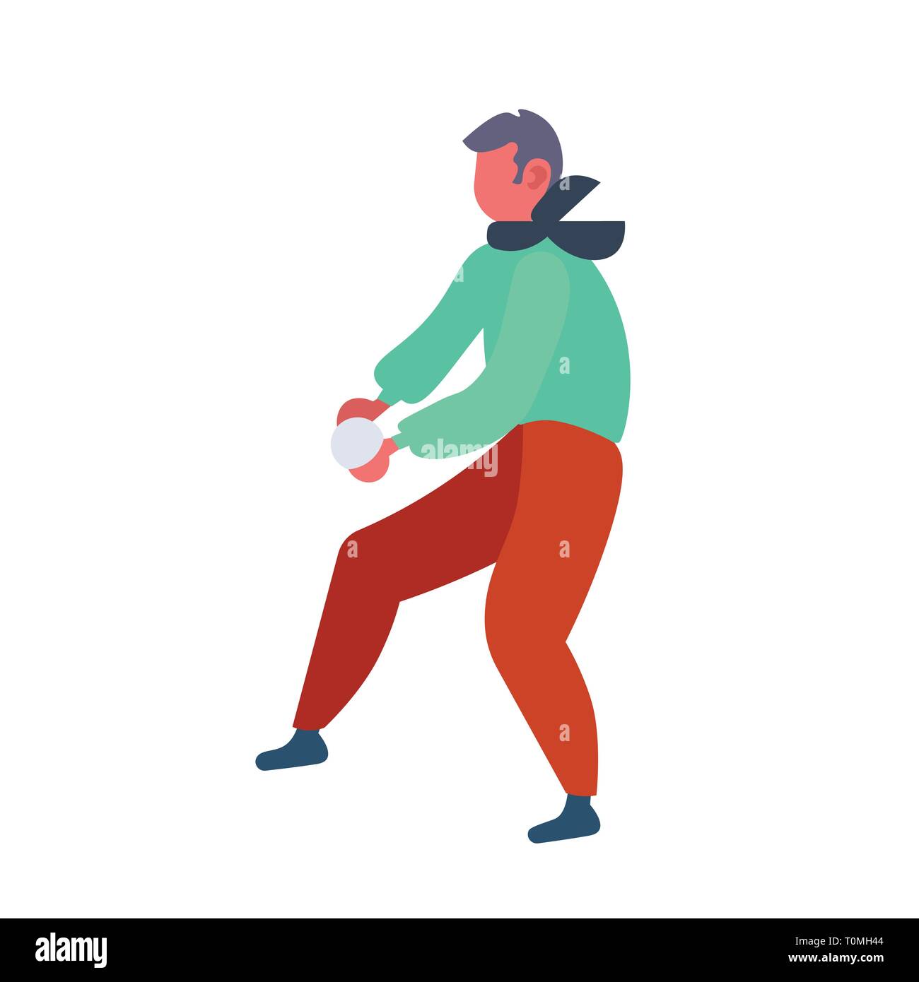L'uomo gioca snowball combatte пгн gettando a palle di neve indossando abiti invernali maschio personaggio dei cartoni animati a lunghezza piena isolati piatta Illustrazione Vettoriale