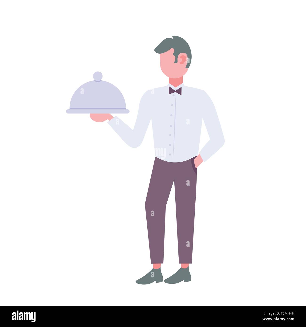 L'uomo cameriere metalliche di contenimento che serve provare con coperchio cloche il personale del ristorante concetto maschio personaggio dei cartoni animati a lunghezza piena isolati piatta Illustrazione Vettoriale