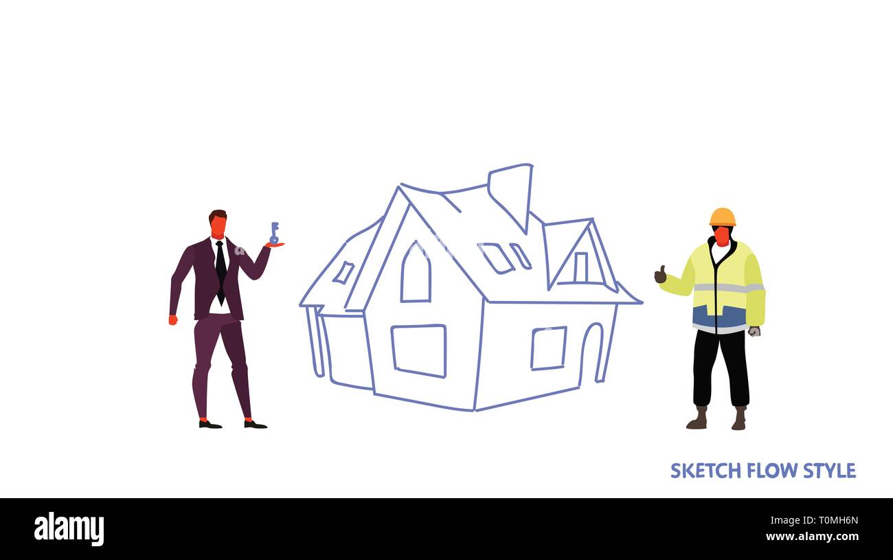 Imprenditore che dà le chiavi a repairman Casa di ristrutturazione Concept cartoon maschio di caratteri a lunghezza piena schizzo flusso orizzontale di stile Illustrazione Vettoriale