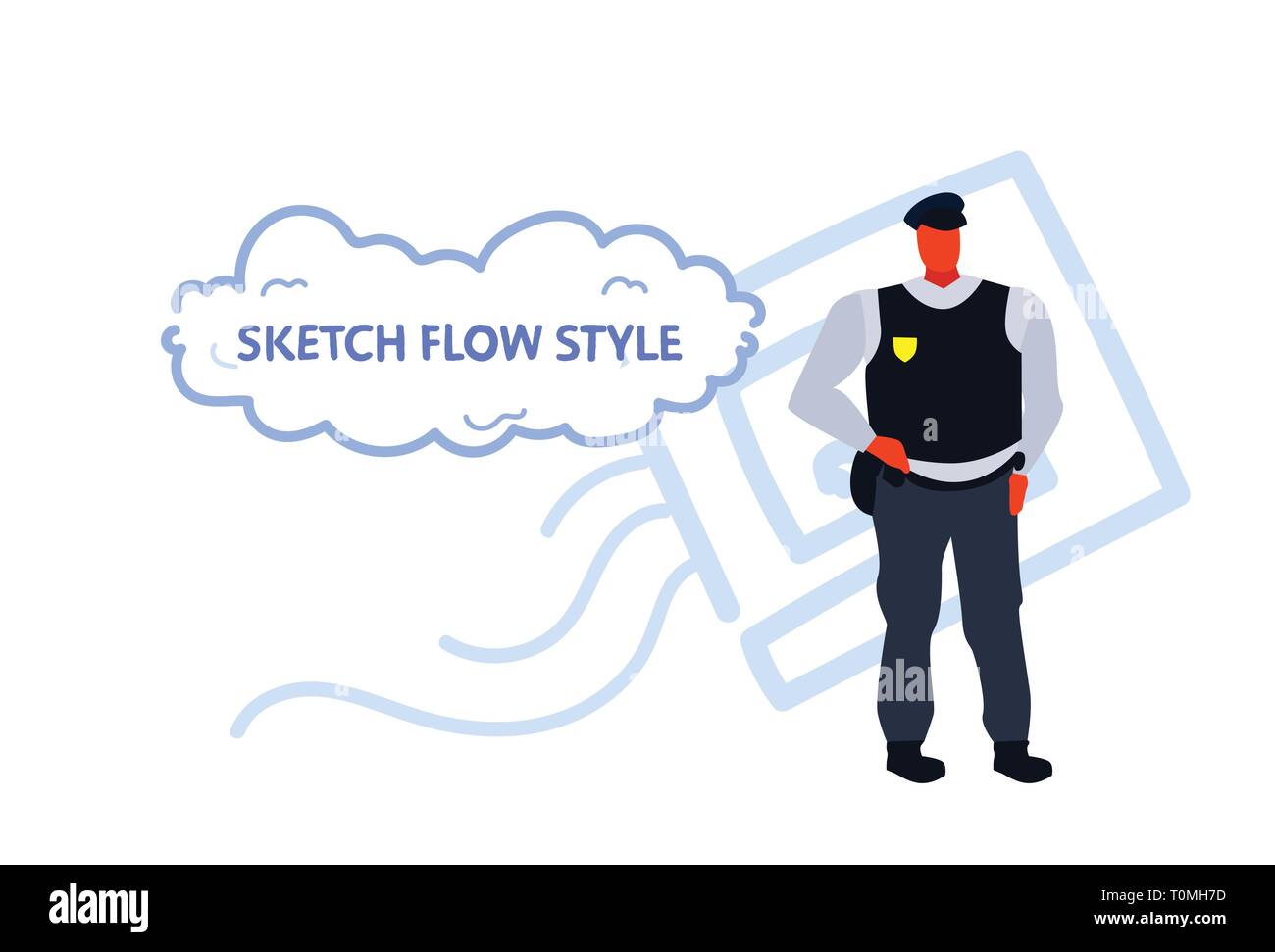 Uomo di polizia in uniforme poliziotto maschio cop security guard personaggio dei fumetti a piena lunghezza schizzo flusso orizzontale di stile Illustrazione Vettoriale