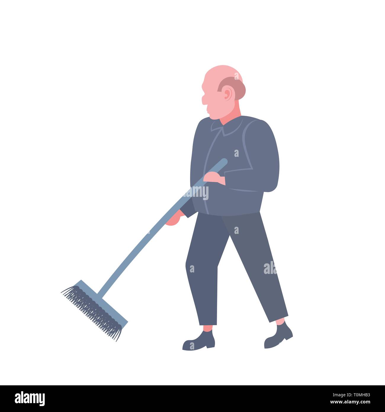 Uomo di spazzamento detergente per la pulizia di pavimenti lavoratore di servizio nel buio mantenendo uniforme la scopa professionale nozione maschio personaggio dei cartoni animati concetto flat Illustrazione Vettoriale