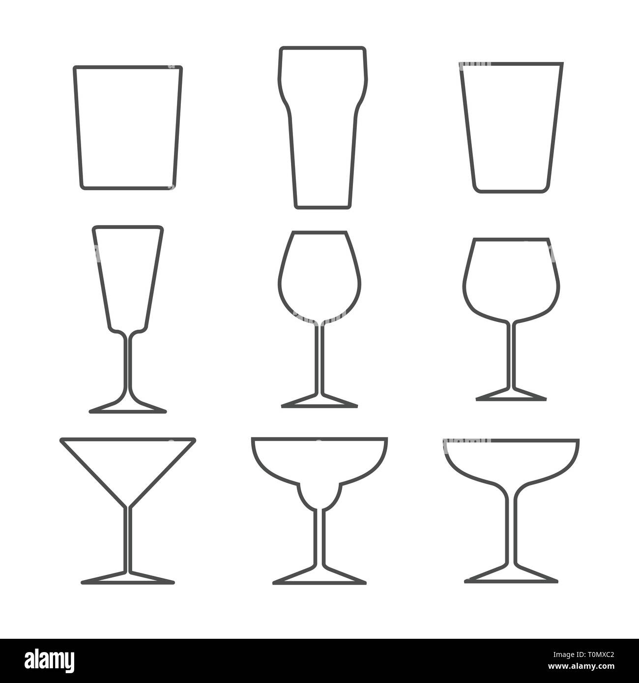 Set di diversi bicchieri di alcol. I simboli e le icone. Design piatto, vettore Illustrazione Vettoriale