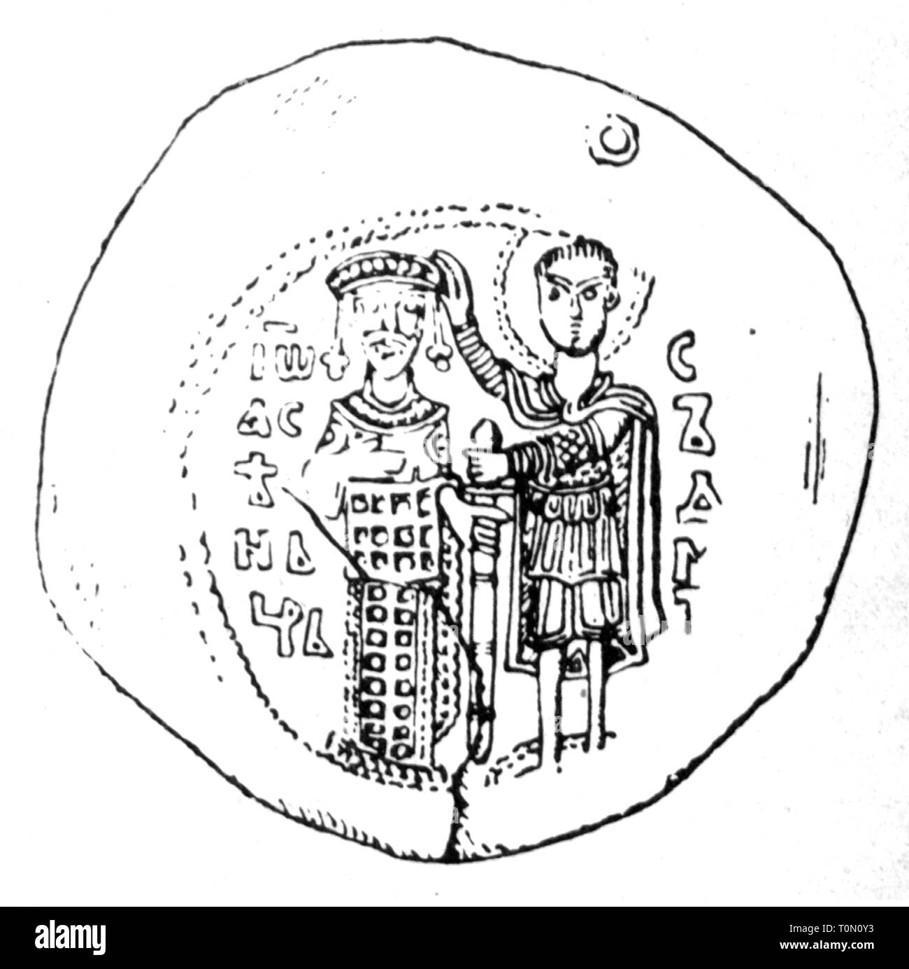 Il denaro / Finanze, monete, Bulgaria, coin dal periodo dello Zar Ivan Assen II (1218 - 1241), disegno Asen dinastia, czarina, zarina, secondo Impero Bulgaro, medioevo, del XIII secolo, persone, giovane, coppie, Coin, monete, periodo, periodi, lo zar, tsar, ZAR, ZAR, mangiare, mangiare, storico, storico Additional-Rights-Clearance-Info-Not-Available Foto Stock