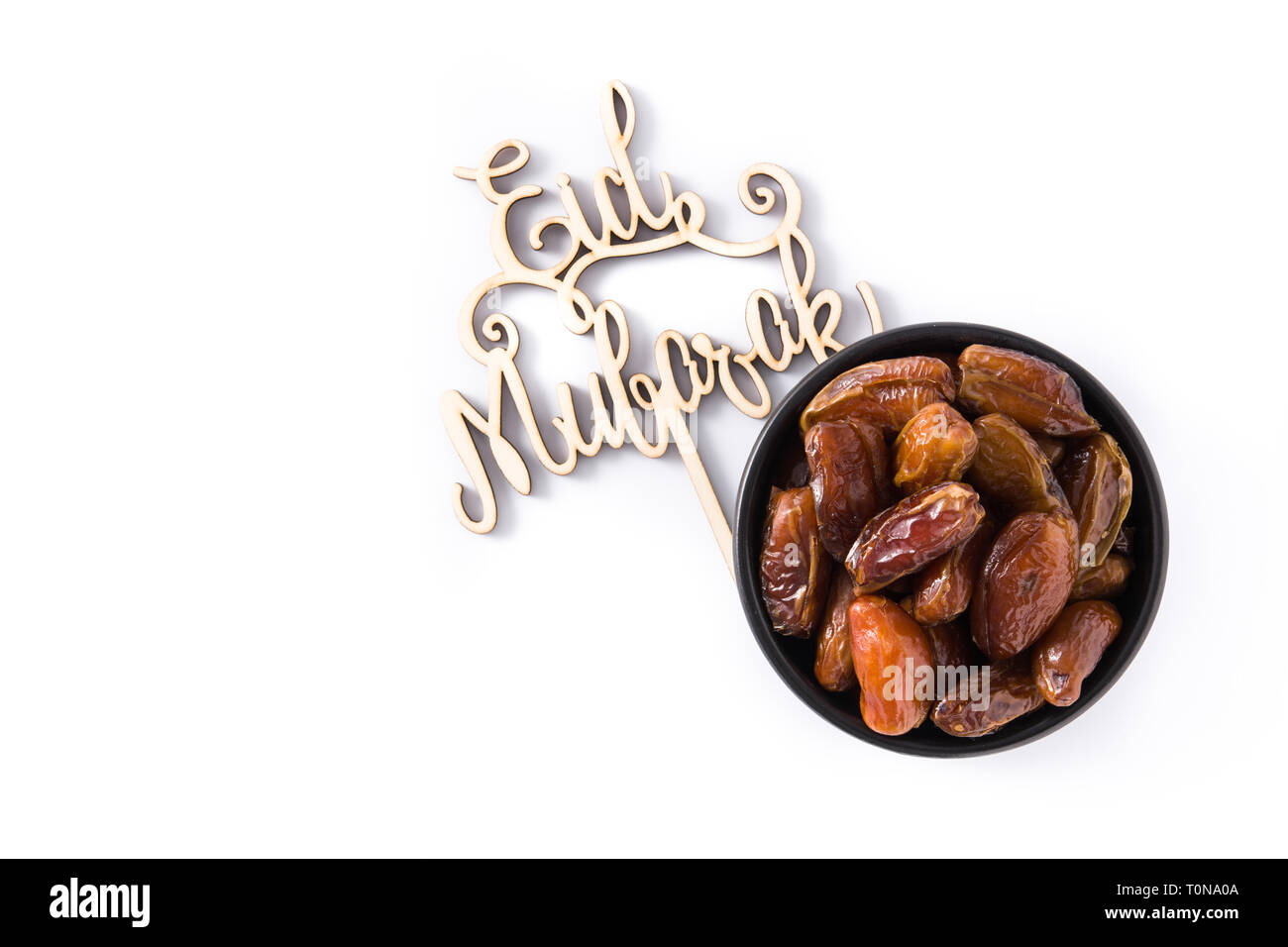 Date e Eid Mubarak messaggio isolati su sfondo bianco. Copyspace Foto Stock