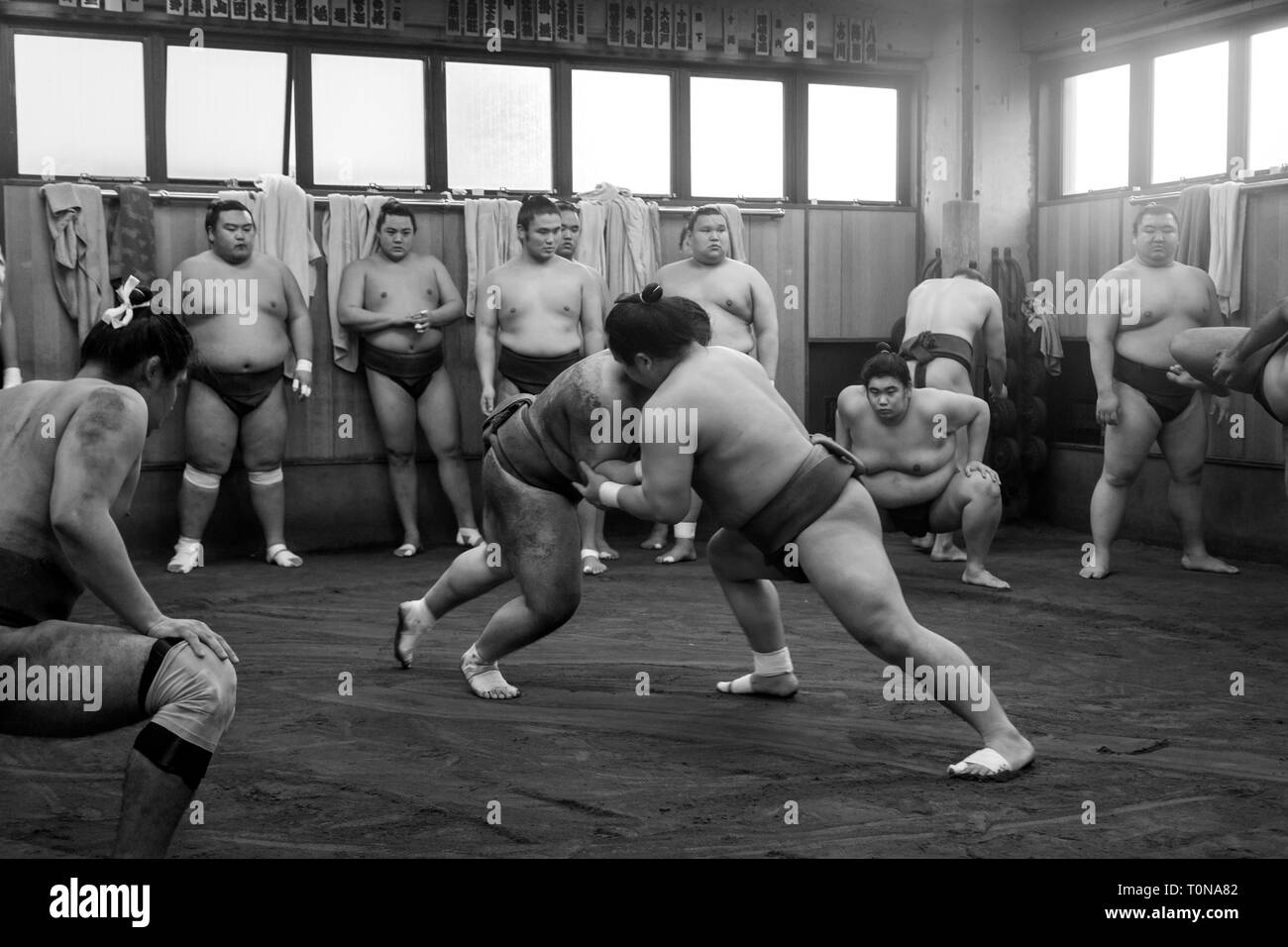 Sumo wrestling formazione in Tokyo, Giappone Foto Stock