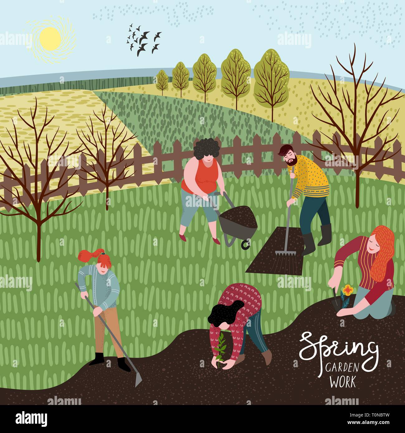 La gente a coltivare la terra con un rastrello e zappa per piantare.illustrazione vettoriale nel grazioso stile piatto Illustrazione Vettoriale