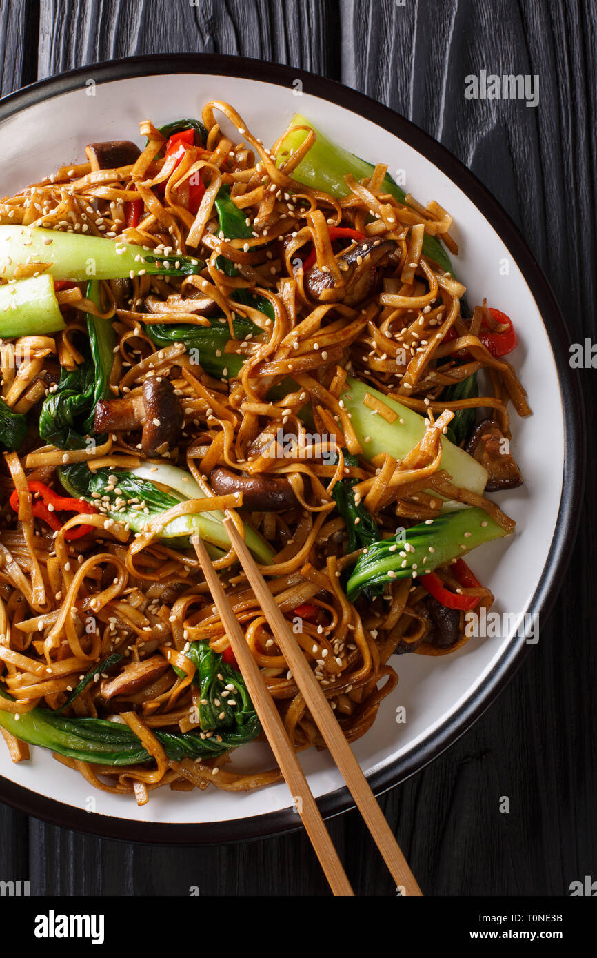 Il cinese udon tagliatelle con cavolo cinese, funghi shiitake e pepe close-up su una piastra sul tavolo. Verticale in alto vista da sopra Foto Stock