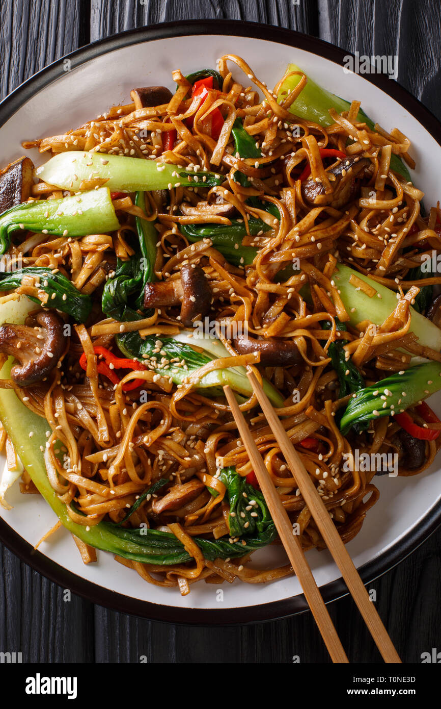 Stir fry di udon tagliatelle con pak choi e funghi shiitake close-up su una piastra. Verticale in alto vista da sopra Foto Stock