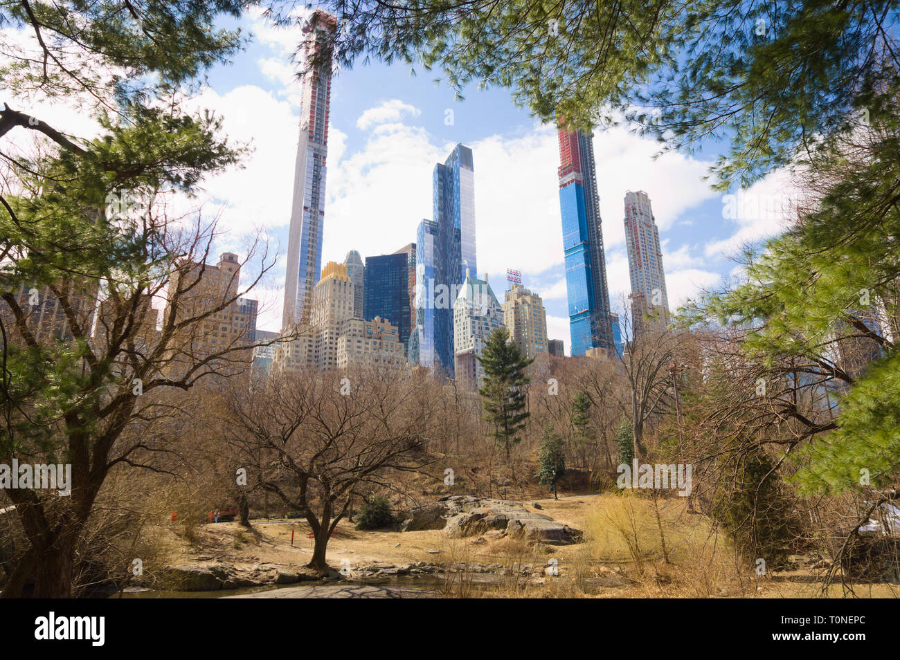 Grattacieli di Manhattan visti attraverso una pausa nel fogliame di Central Park, New York City, New York. Essex casa, 2020 parco centrale sud e altri Foto Stock