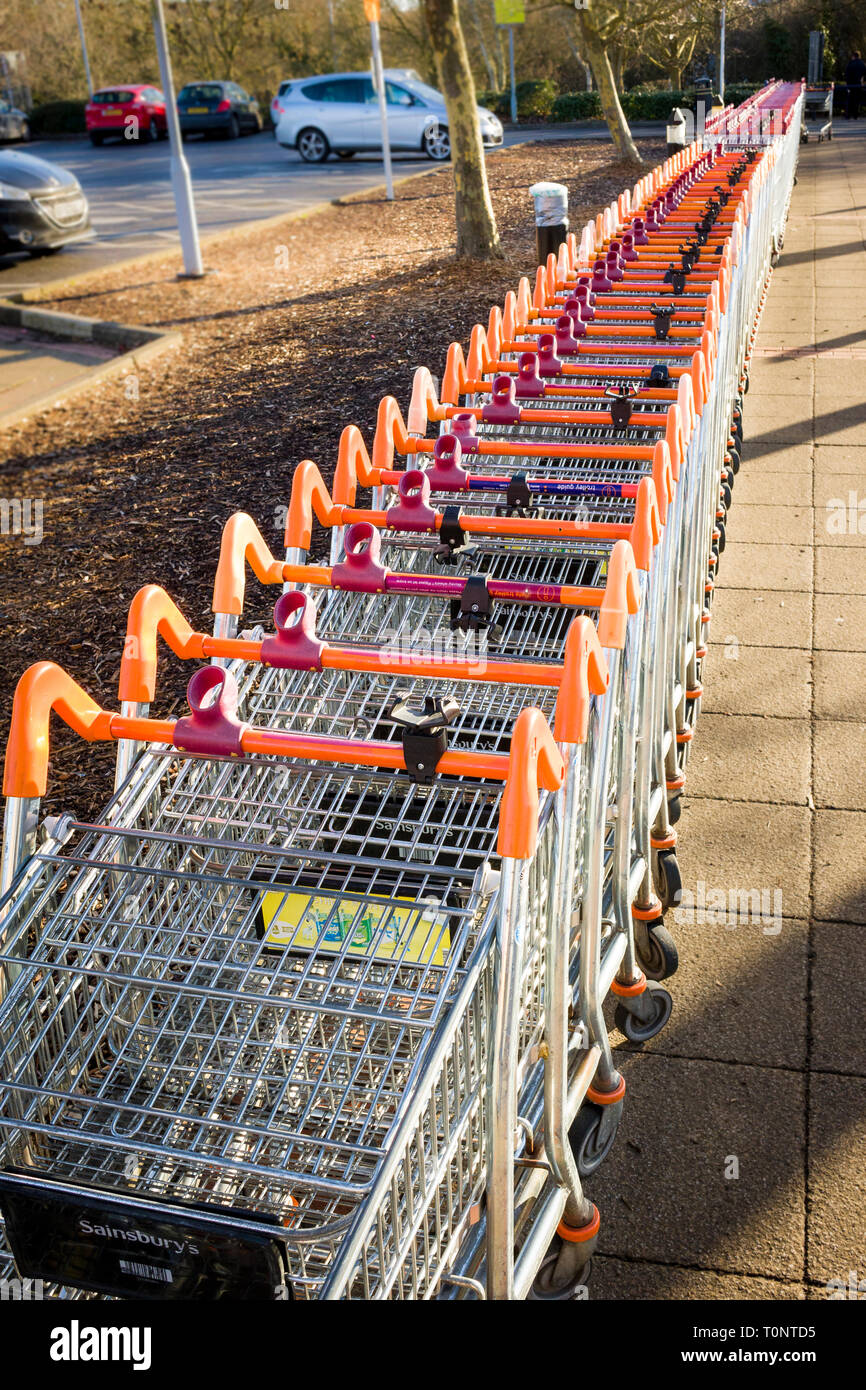 Una linea di vuoto Sainsbury's carrelli per supermercati in attesa di clienti in Chippenham Wiltshire, Inghilterra REGNO UNITO Foto Stock