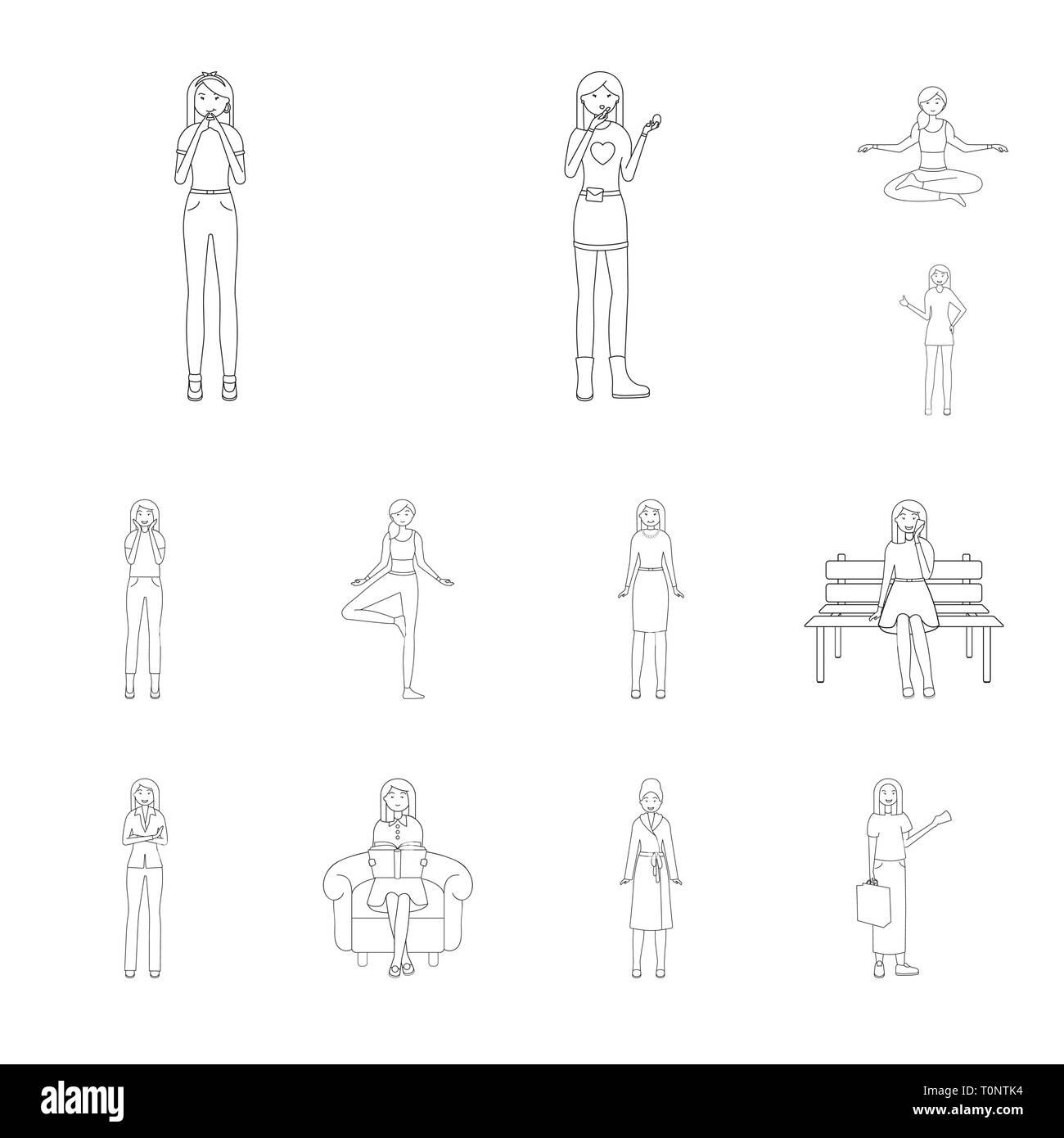 Oggetto isolato di postura e segno dell'umore. Set di postura e stock femmina illustrazione vettoriale. Illustrazione Vettoriale