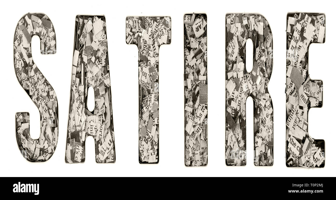La parola satira composta di lotti di taglio fino giornale isolato Foto Stock