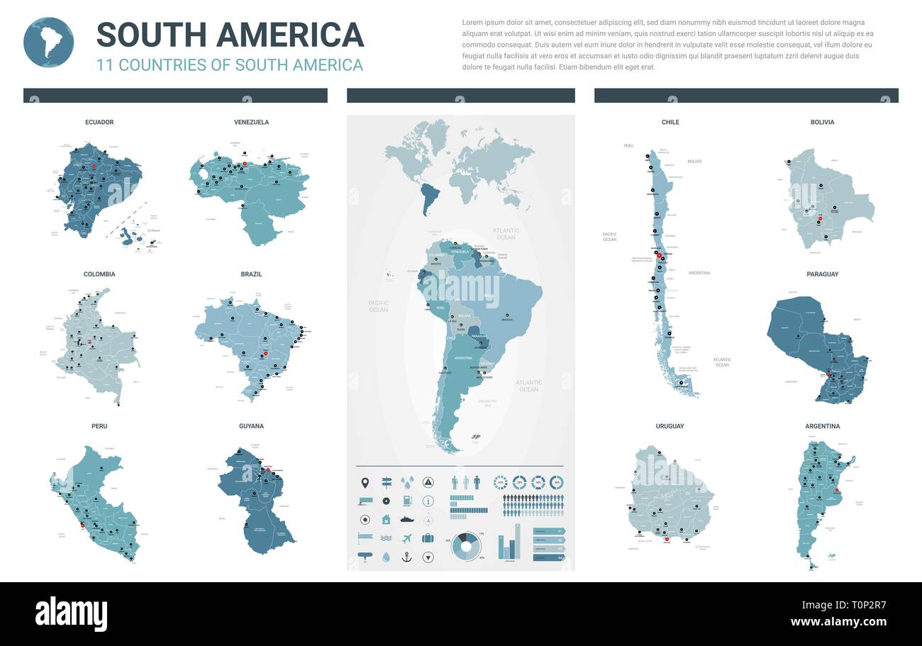 Mappe vettoriali set. Alta 11 dettagliate mappe di America del Sud paesi con divisioni amministrative e città. Mappa politico, mappa di America continente, Illustrazione Vettoriale