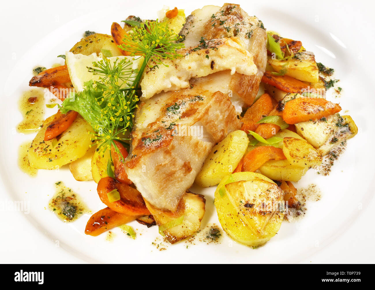 Grigliata di costolette di rombo con patate Foto Stock