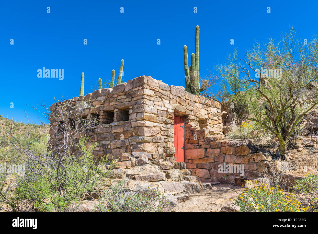 Parco nazionale del Saguaro, Arizona, Stati Uniti d'America le vecchie strutture nel parco. Foto Stock