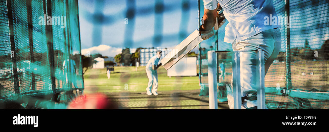 Sezione bassa di uno sportivo a giocare a cricket nel campo Foto Stock
