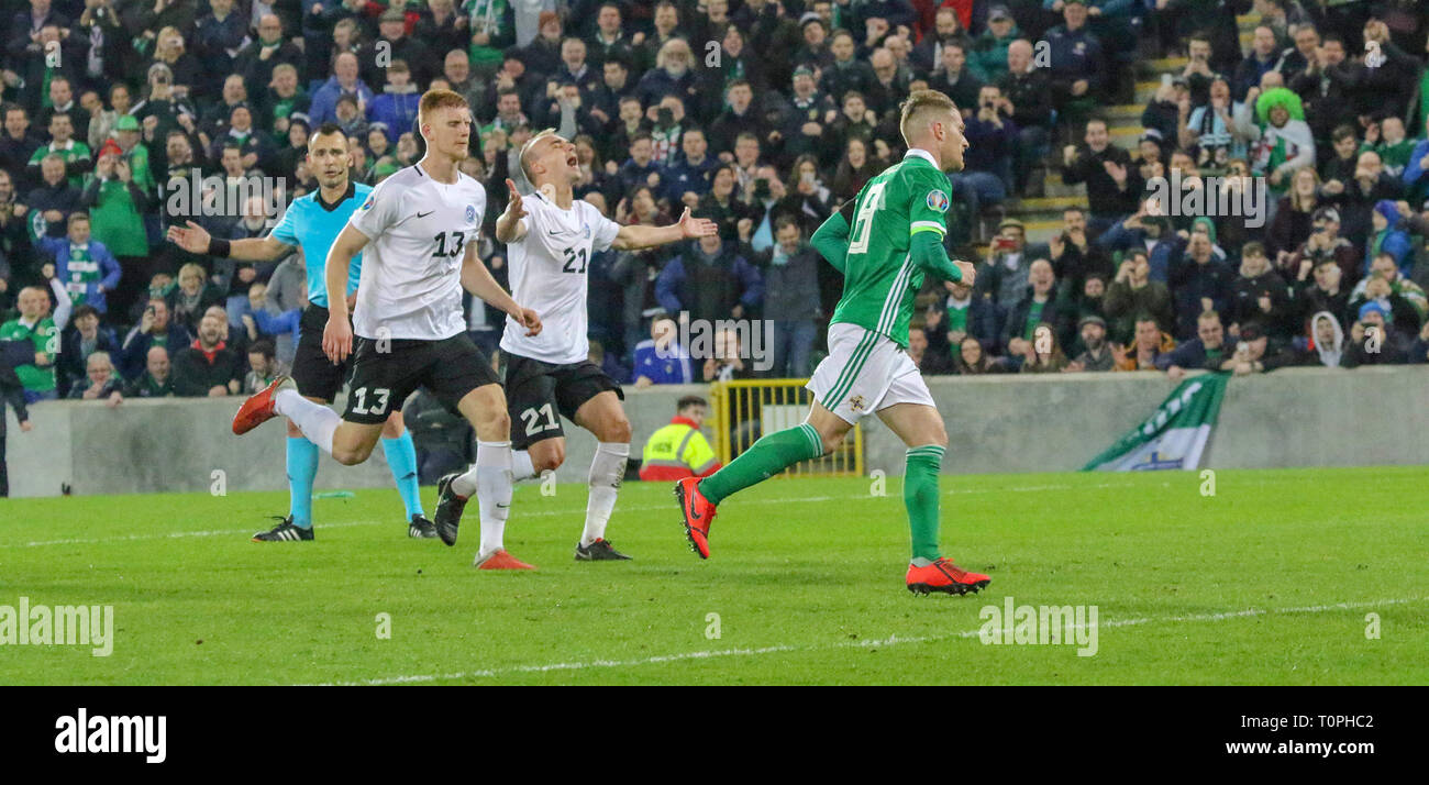 Stadio Nazionale al Windsor Park di Belfast, Irlanda del Nord. Il 21 marzo 2019. UEFA EURO 2020 il qualificatore- Irlanda del Nord / Estonia. Azione da stasera il gioco. Steven Davis (8) ha segnato in Irlanda del Nord la seconda obiettivo. Credito: David Hunter/Alamy Live News. Foto Stock