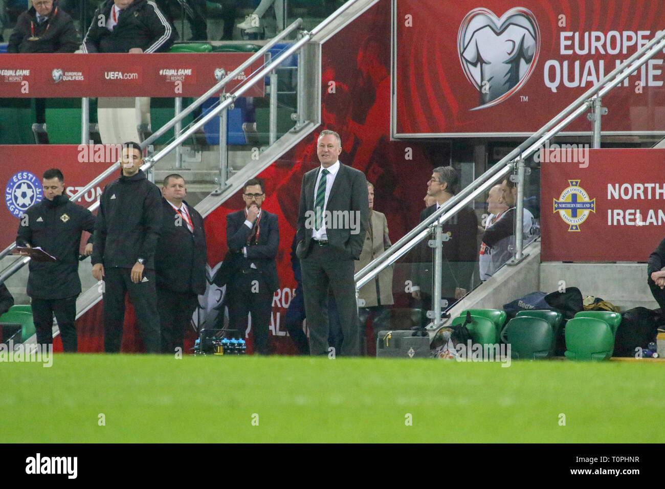 Stadio Nazionale al Windsor Park di Belfast, Irlanda del Nord. Il 21 marzo 2019. UEFA EURO 2020 il qualificatore- Irlanda del Nord / Estonia. Irlanda del Nord manager Michael O'Neill. Credito: David Hunter/Alamy Live News. Foto Stock