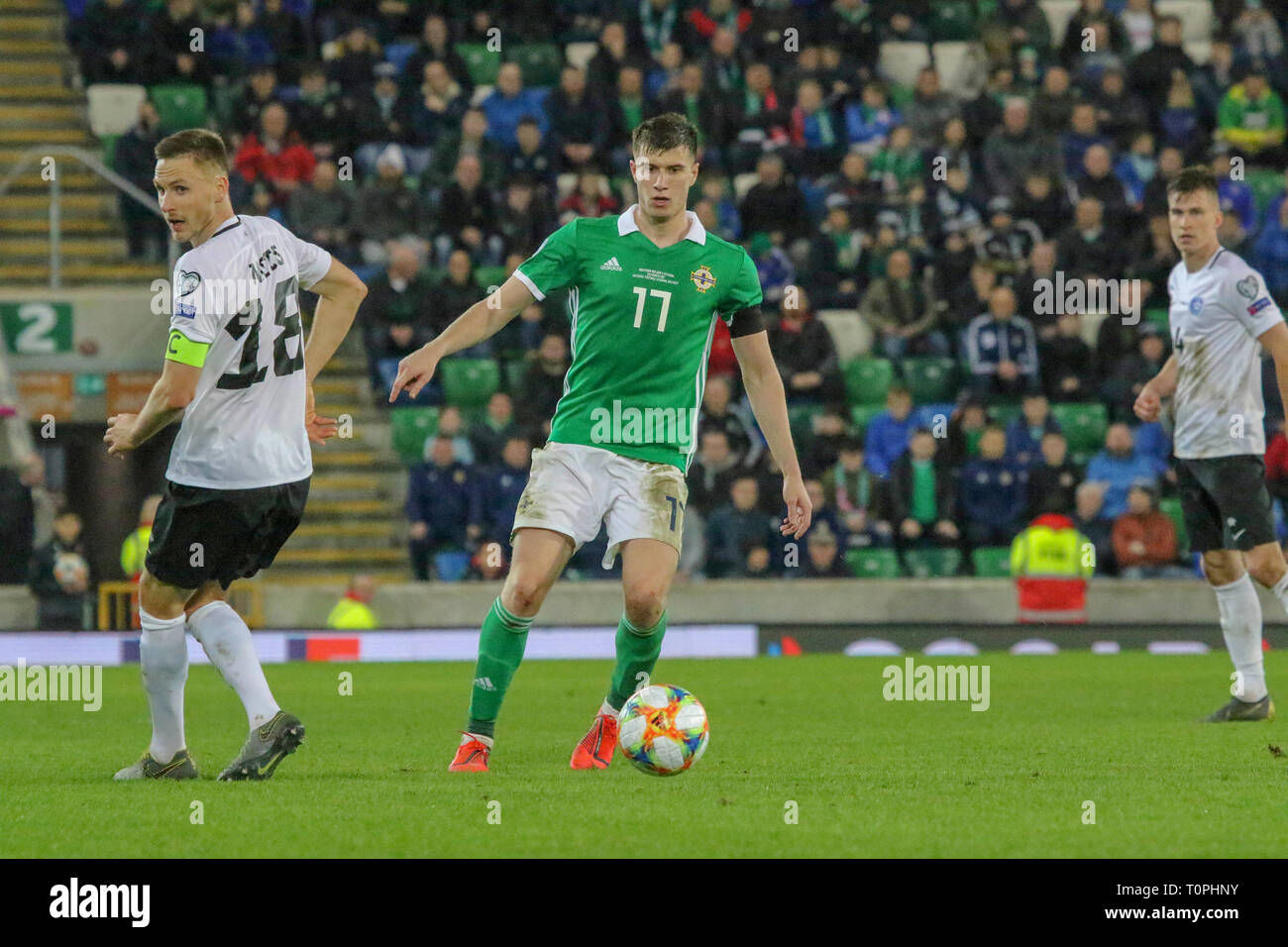 Stadio Nazionale al Windsor Park di Belfast, Irlanda del Nord. Il 21 marzo 2019. UEFA EURO 2020 il qualificatore- Irlanda del Nord / Estonia. Azione da stasera il gioco. Credito: David Hunter/Alamy Live News. Foto Stock