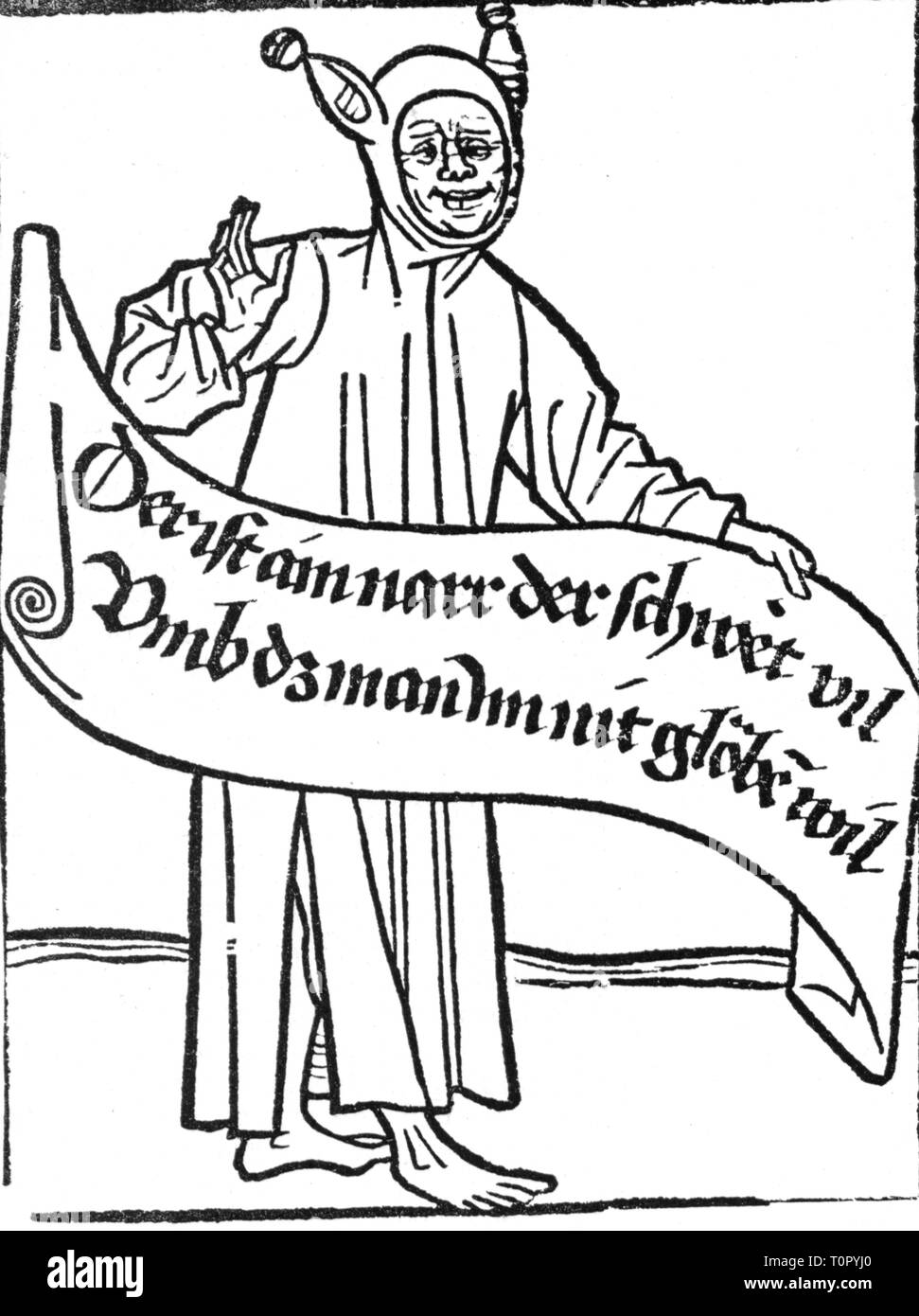 Allegorie, irrazionalità, ingannare con banderole, "l'uno è un pazzo che voti su ciò che nessuno crede', woodblock stampa, Germania, circa 1460 - 1470, Additional-Rights-Clearance-Info-Not-Available Foto Stock