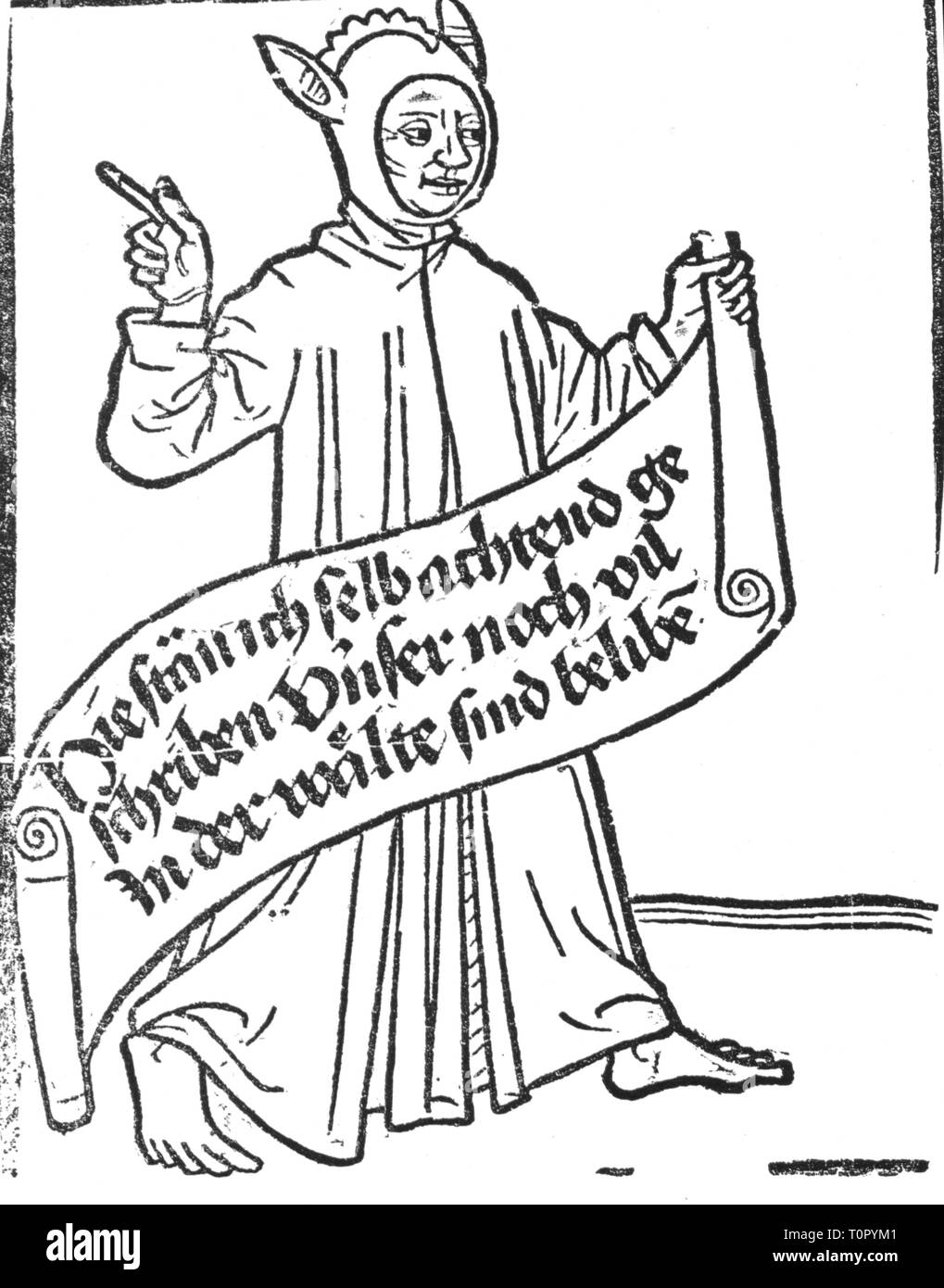 Allegorie, irrazionalità, ingannare con banderole, "Io sto qui me scritto che non molto scelte sono state a sinistra, woodblock stampa, Germania, circa 1460 - 1470, Additional-Rights-Clearance-Info-Not-Available Foto Stock