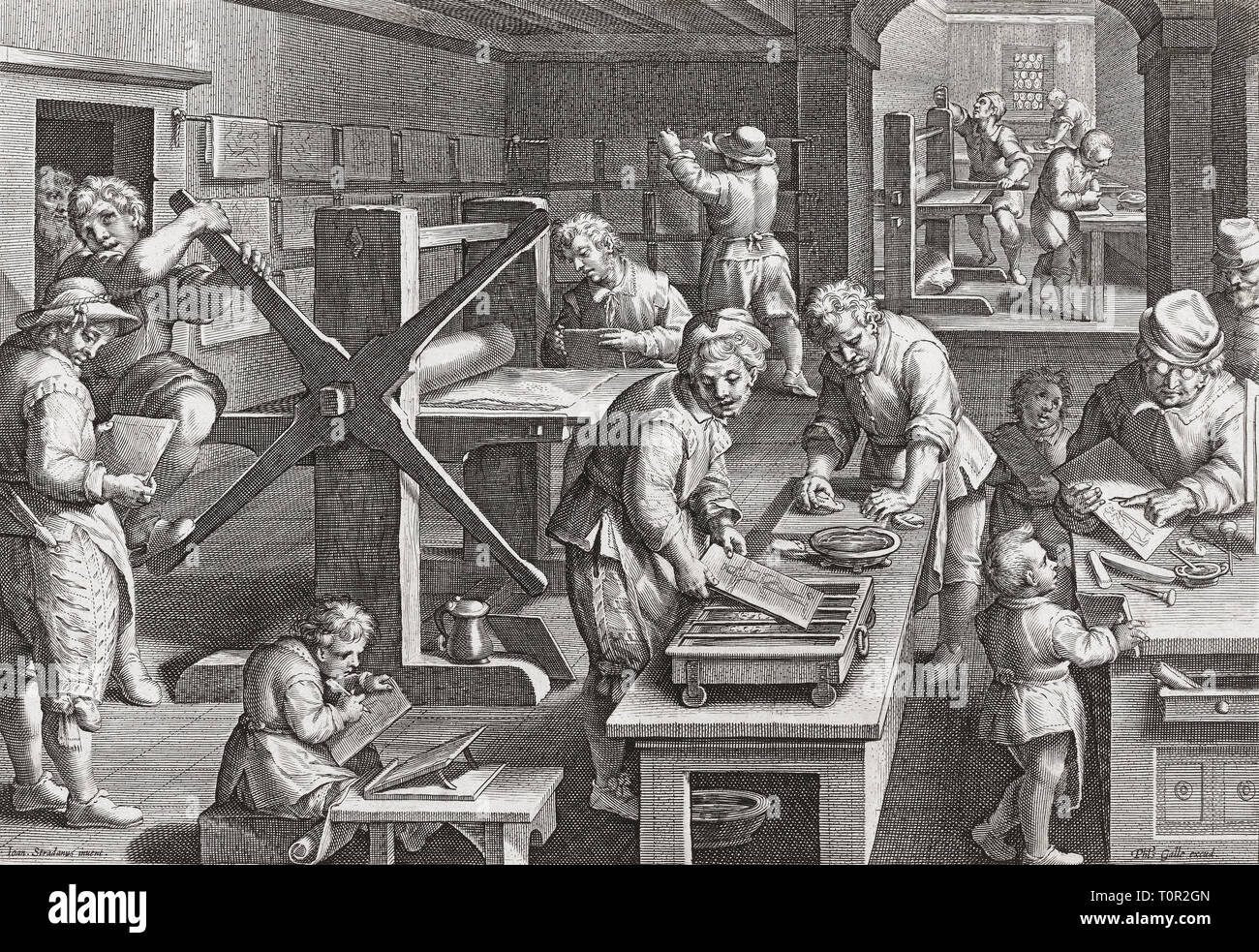 Un fiorentino printing house nel XVI secolo. Dopo un secolo XVI incisione. Foto Stock