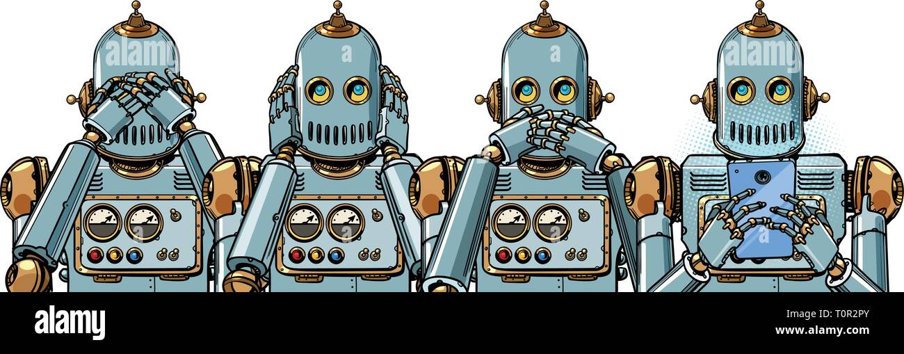 Robot con telefono, Internet Addiction concept. non vedere sentire dire. Isolare su sfondo bianco Pop art retrò illustrazione vettoriale kitsch vintage Illustrazione Vettoriale