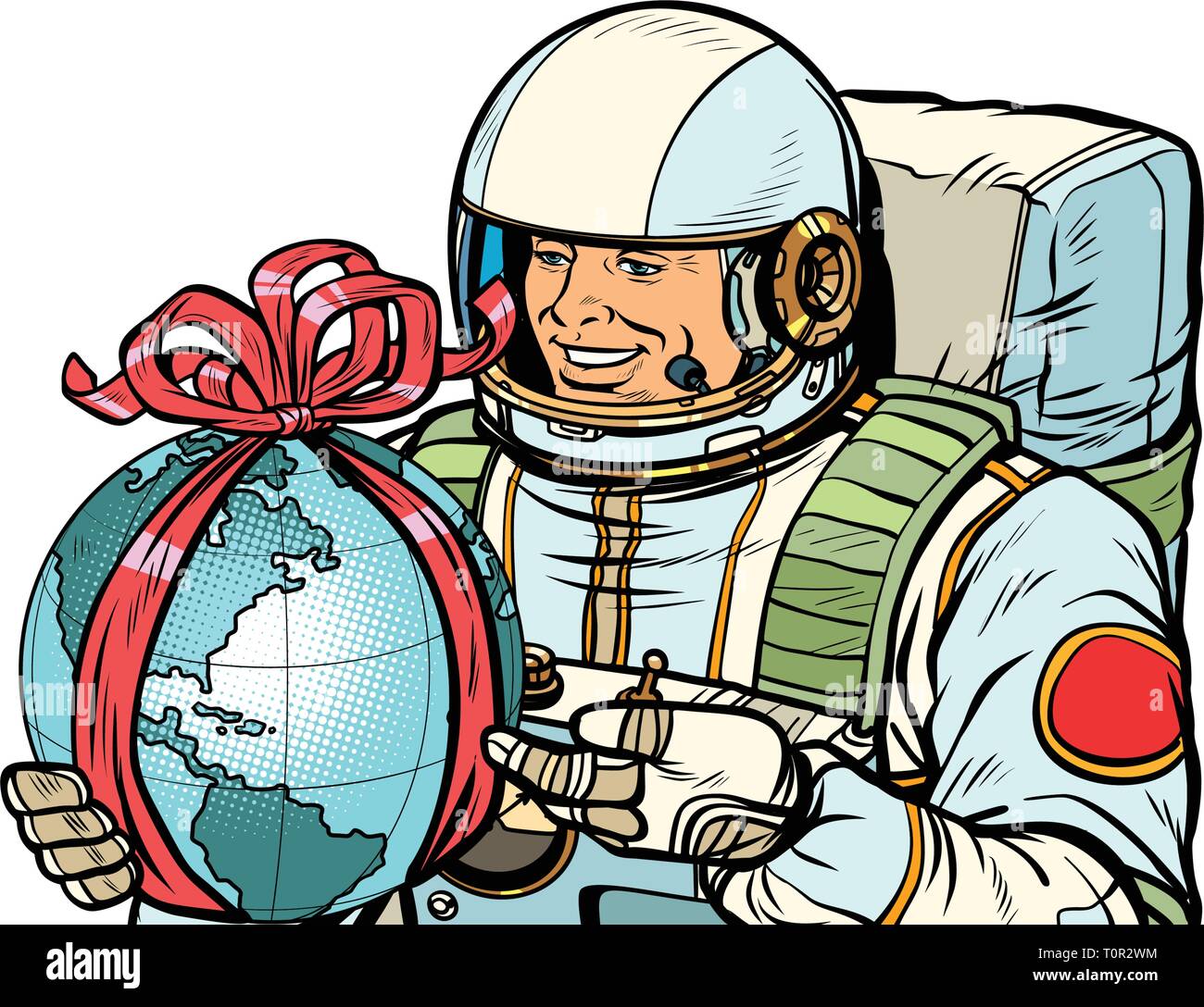 La giornata della terra concetto. Astronauta con un regalo. Isolare su sfondo bianco. La Pop art retrò illustrazione vettoriale disegno kitsch vintage Illustrazione Vettoriale