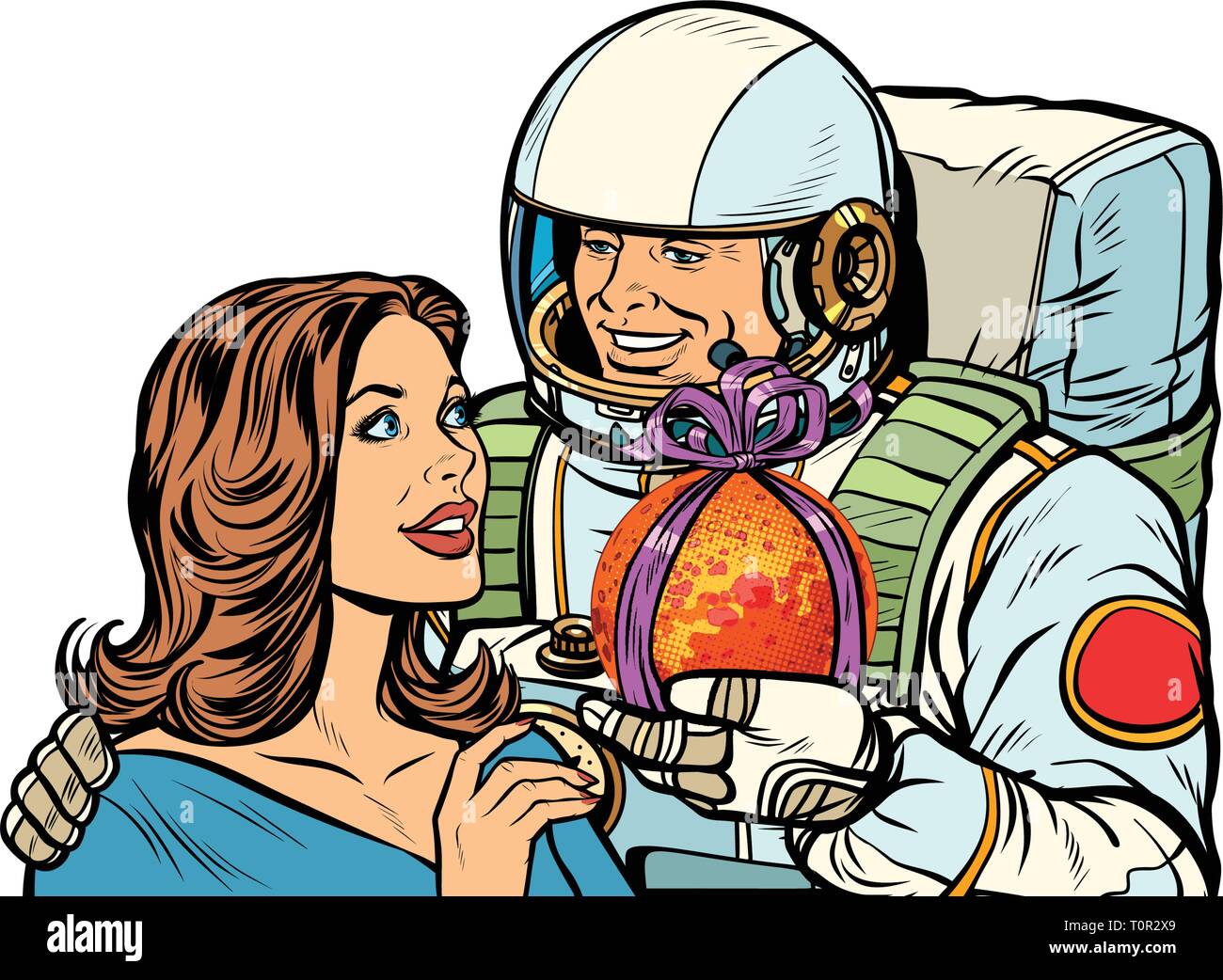 Matura in amore. Astronauta dà una donna Marte. isolare su sfondo bianco. La Pop art retrò illustrazione vettoriale disegno kitsch vintage Illustrazione Vettoriale