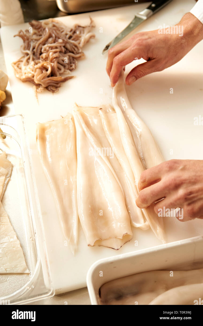 Il polpo wird von einem Koch fuer die Weiterverarbeitung gesaeubert und vorbereitet. Seine beiden Haende sind bei der Arbeit zu sehen. Foto Stock