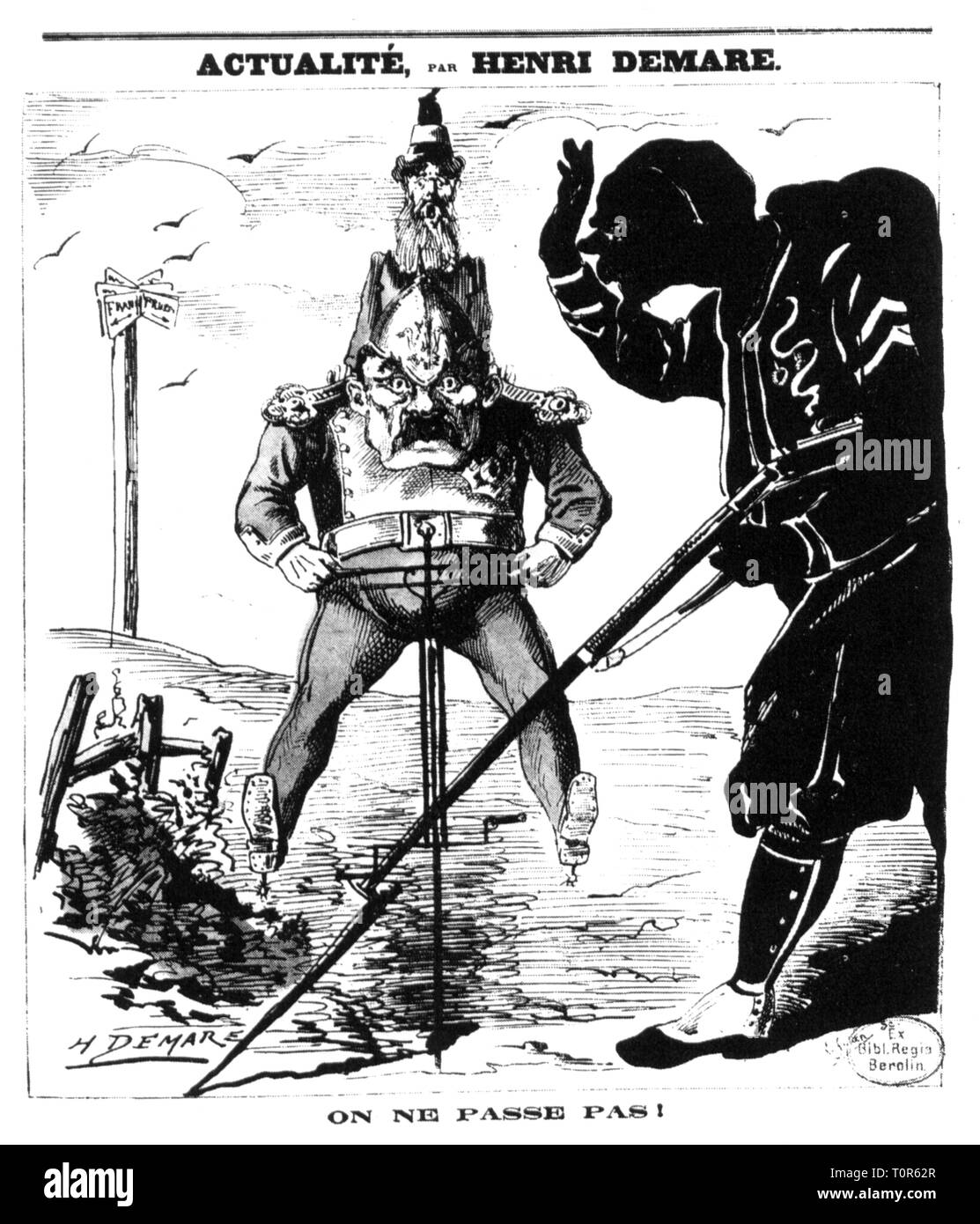 La politica, spagnolo la successione al trono 1868 - 1870, caricatura, Otto von Bismarck, con il principe Leopoldo di casa di Hohenzollern-Sigmaringen sul retro, è interrotta da un Francese Zuave 'Ecco senza andare avanti", disegno da Henri Demare, 'L'ostacolo", Parigi, 1870, satira, caricatura, caricature, fumetti, cartoni animati, pressa French, Francia, tra uomini, l'uomo, maschio, Manly, Primo Ministro della Prussia, secondo impero, il Regno di Spagna, nero soldato, soldato coloniale, candidati candidati, biciclette, moto, biciclette, moto, fermare, arresto, arresto, arresto, hi, Additional-Rights-Clearance-Info-Not-Available Foto Stock