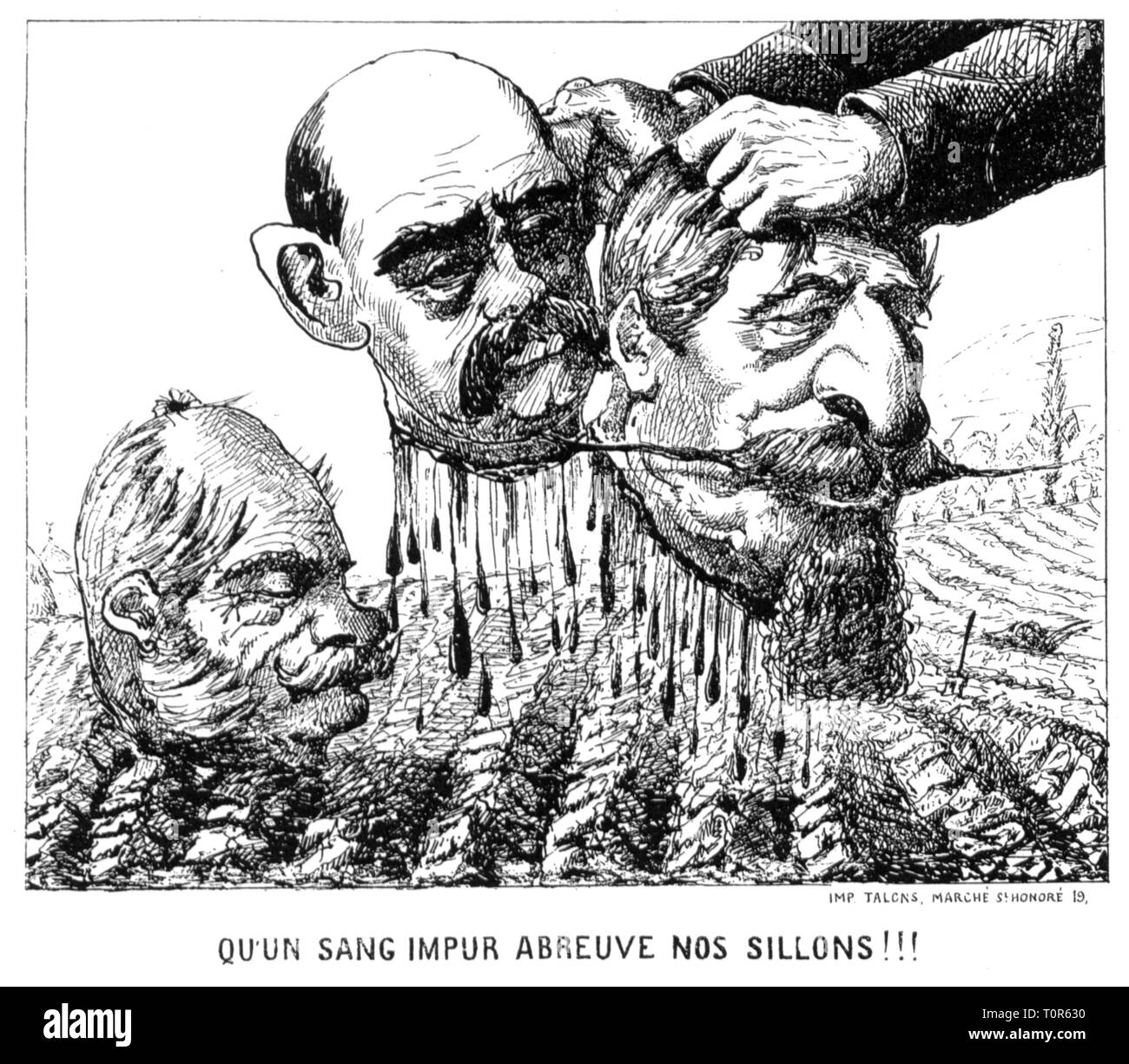 Guerra franco-prussiana 1870 - 1871, caricatura, l'imperatore Napoleone III, Otto von Bismarck e re Guglielmo I. come colpevoli per lo spargimento di sangue, 'May il tuo sangue impuro immergere i nostri campi', broadsheet, Parigi, 1870, satira, caricatura, caricature, fumetti, cartoni animati, flyer, flier, depliant, volantini, Francia, Primo Ministro della Prussia, guerrafondaio, guerrafondai, testa, capi, tedesco - francese, persone, uomini, l'uomo, maschio, Manly, secolo XIX, storico, storico Additional-Rights-Clearance-Info-Not-Available Foto Stock