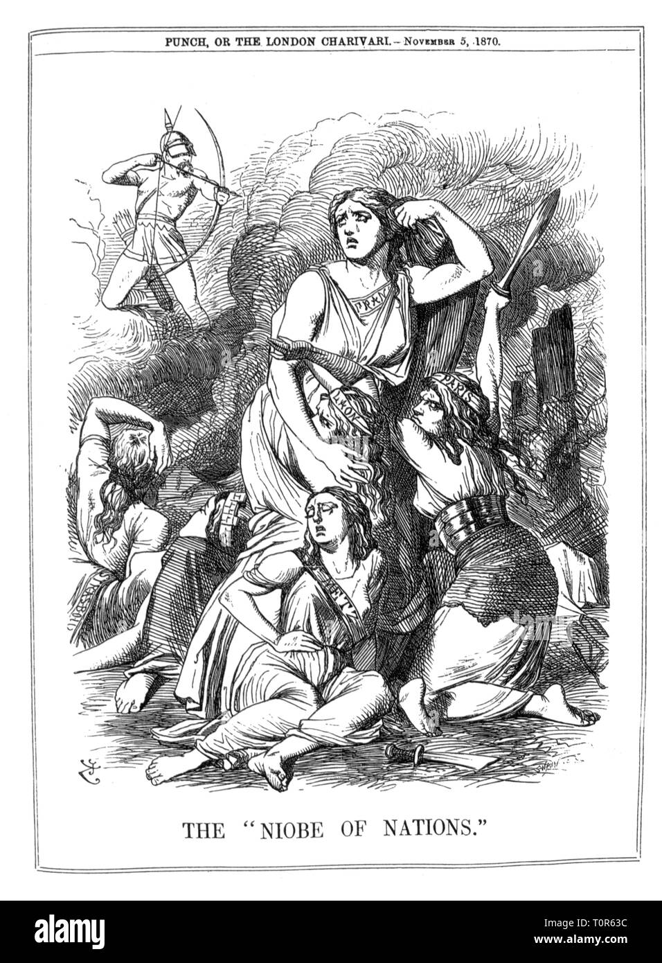 Guerra franco-prussiana 1870 - 1871, caricatura, la città assediata Strasbourg, Metz, Laon e Parigi, 'Niobe delle nazioni", disegno di John Tenniel, 'Foratura', Londra, 5.11.1870, satira, caricatura, caricature, fumetti, cartoni animati, stampa britannica, Gran Bretagna, Regno Unito, Francia, Otto von Bismarck come Apollo, tedesco - francese, persone, belle arti, arte, mitologia greca, mitologia, assedio, assedi, secolo XIX, storico, storico Additional-Rights-Clearance-Info-Not-Available Foto Stock