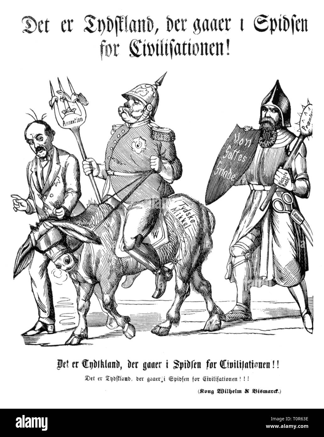 Guerra franco-prussiana 1870 - 1871, caricatura, "Questa è la Germania, che marche alla testa della civiltà', disegno, "Folkets Nisse', Copenhagen, 20.8.1870, satira, caricatura, caricature, fumetti, cartoni animati, stampa danese, Danimarca, tedesco - francese, il Primo Ministro del Nord tedesco confederazione, Otto von Bismarck, re Guglielmo I von Prussia, Tedesco Michl come donkey, Michel, animali, animale, cavaliere, cavalieri, schermo, schermi, "Per grazia di Dio', club, randello, club, bastoni, un paio di forbici, cesoie, persone del XIX secolo, la storica, storica, Additional-Rights-Clearance-Info-Not-Available Foto Stock