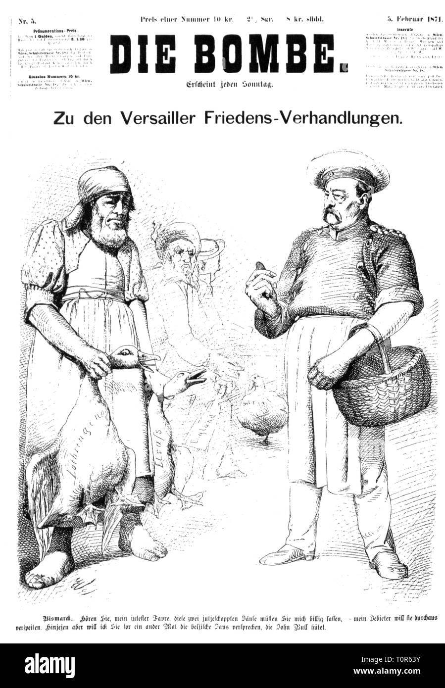 Guerra franco-prussiana 1870 - 1871, i negoziati di Versailles, caricatura, Otto von Bismarck è di armeggiare con la cameriera oca Jules Favre, John Bull è mantenere l'oca Belgio, disegno, 'Die bombe", Vienna, 5.2.1871, satira, caricatura, caricature, fumetti, cartoni animati, stampa austriaca, Austria, tedesco - francese, Germania, Francia, Gran Bretagna, persone, ministro degli affari esteri, segretario agli Affari esteri, segretario di Stato del Consiglio dei ministri degli Affari Esteri, Primo Ministro, oca, oche, gander, Alsazia, Lorena, commercio, wheeling e trattare, il negoziato di pace, , Additional-Rights-Clearance-Info-Not-Available Foto Stock
