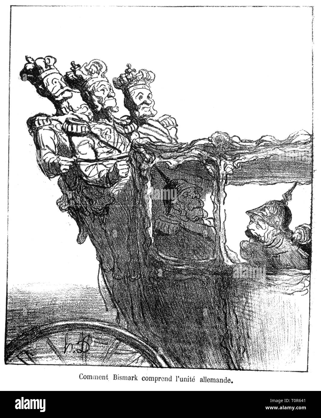 Politica, fondazione dell'impero tedesco, caricatura, 'Quali mezzi di Bismarck dall unità della Germania", il re di Baviera, Bassa Sassonia e Württemberg di sedersi sul retro Coachman's sedile, disegno di Honore Daumier, 'Actualites", Parigi, 26.12.1870, Additional-Rights-Clearance-Info-Not-Available Foto Stock