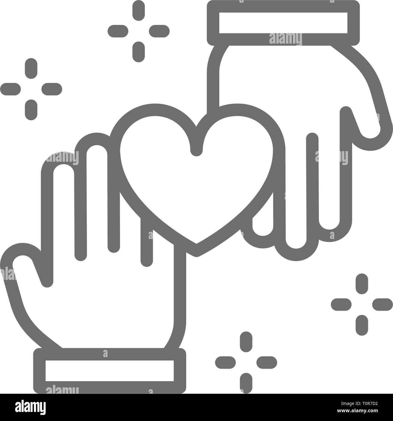 Le mani con il cuore, donazione, volontariato, carità, opere buone icona linea. Illustrazione Vettoriale