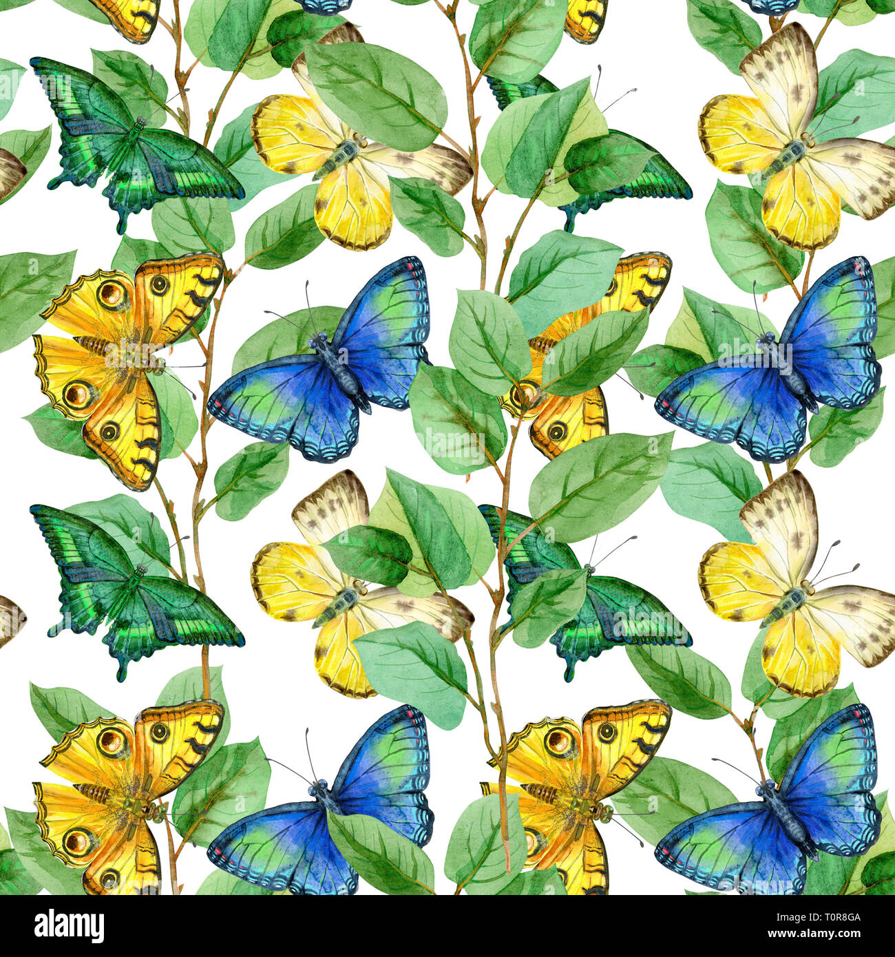 Foglie floreali seamless pattern con coloratissime farfalle su sfondo bianco. Progettazione artistica per la stampa floreale per imballaggio, tessili, carta da parati, articoli da regalo Foto Stock