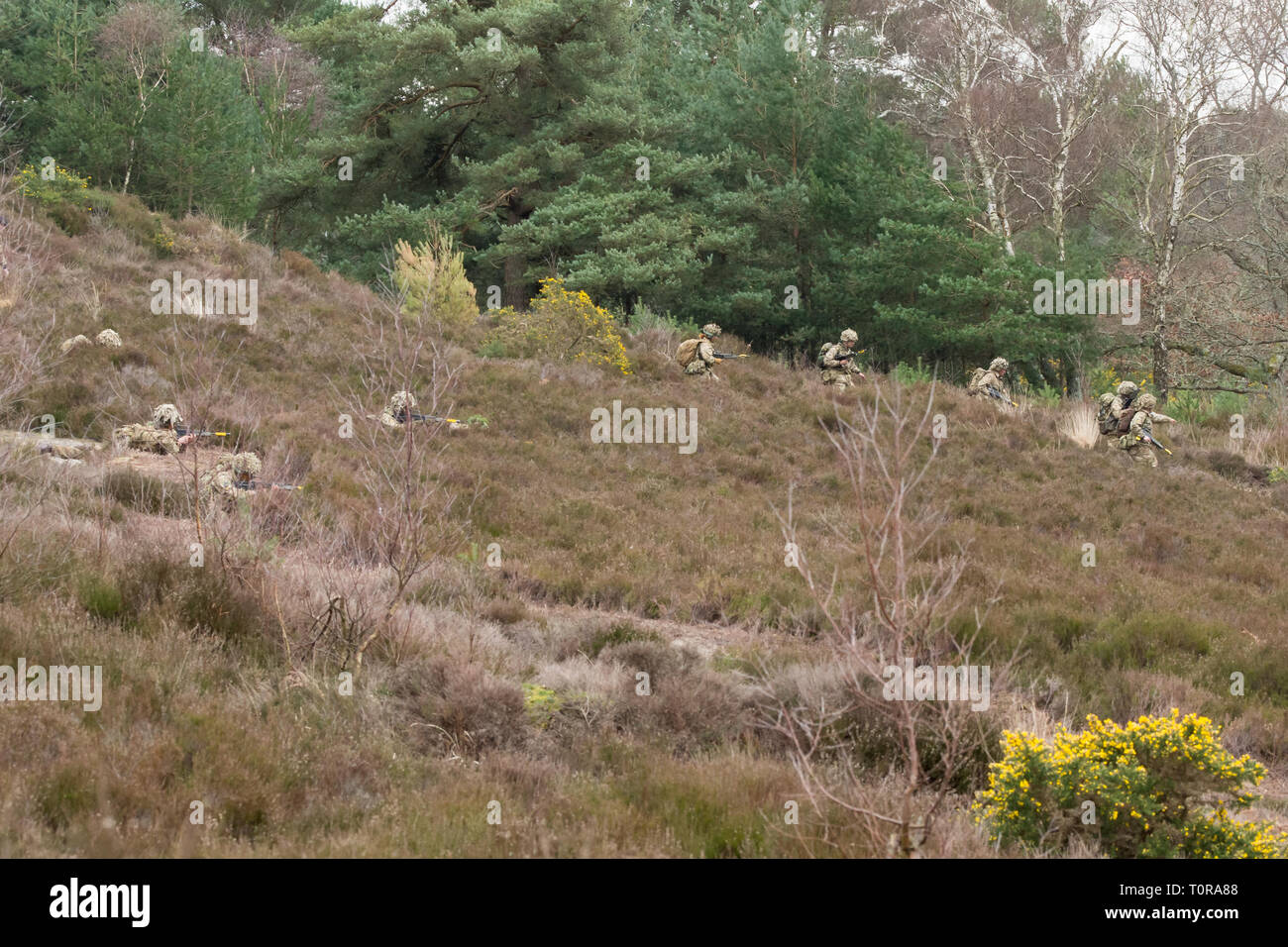 L esercito o reclute effettuare brughiera militare esercizi di addestramento a Longmoor in Hampshire, Regno Unito Foto Stock