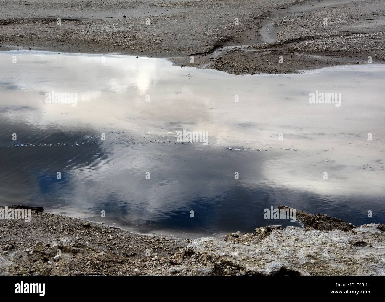 Le nuvole riflettono in un acqua calda piscina, parco Kuirau, Rorotua, Nuova Zelanda Foto Stock